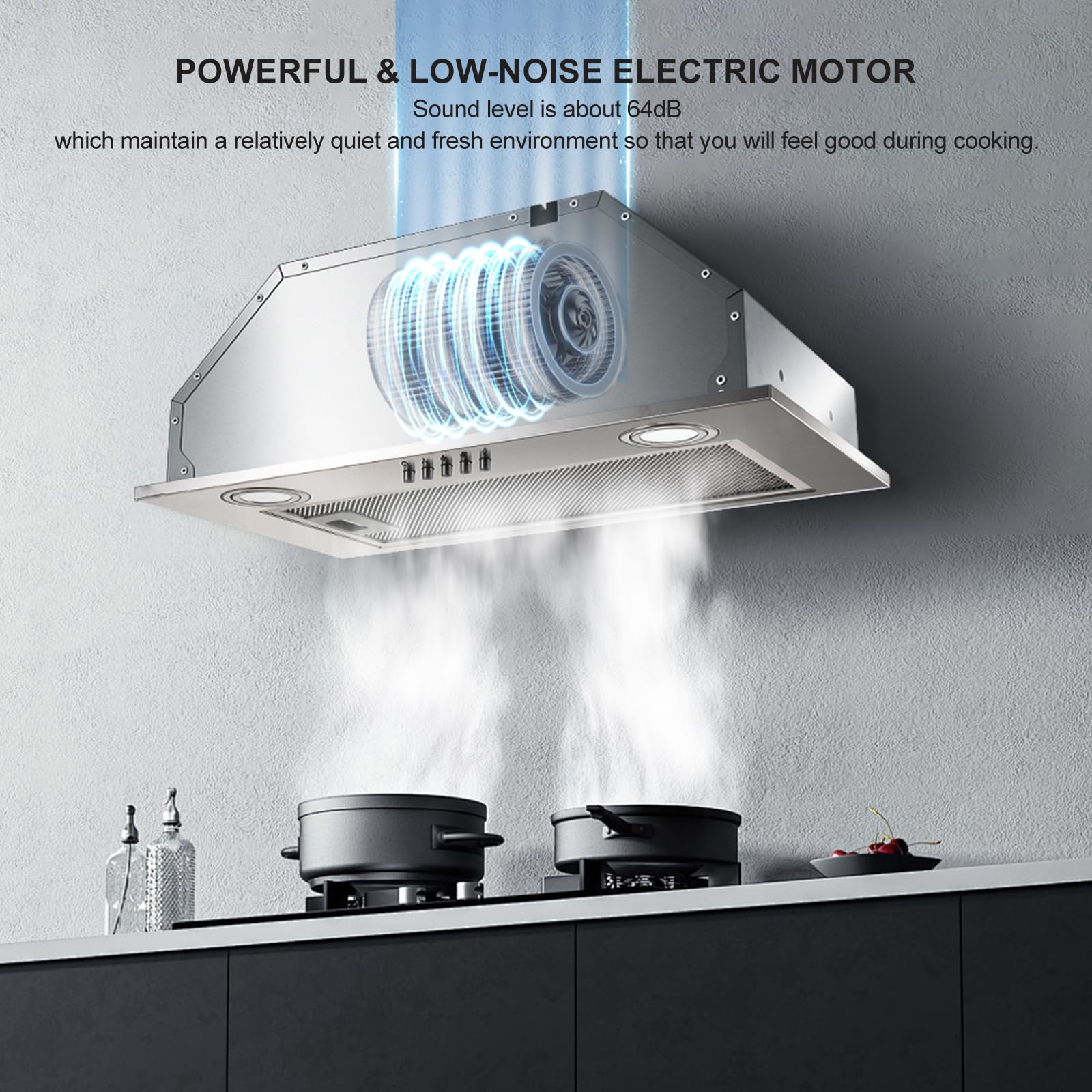 KICHPOWER Hotte Aspirante Encastrable 52cm, 300m³/h Hotte Cuisine, 3 Vitesses, Évacuation Et Recyclage, 2 Filtres Charbon Inclus, éclairage LED, Inox