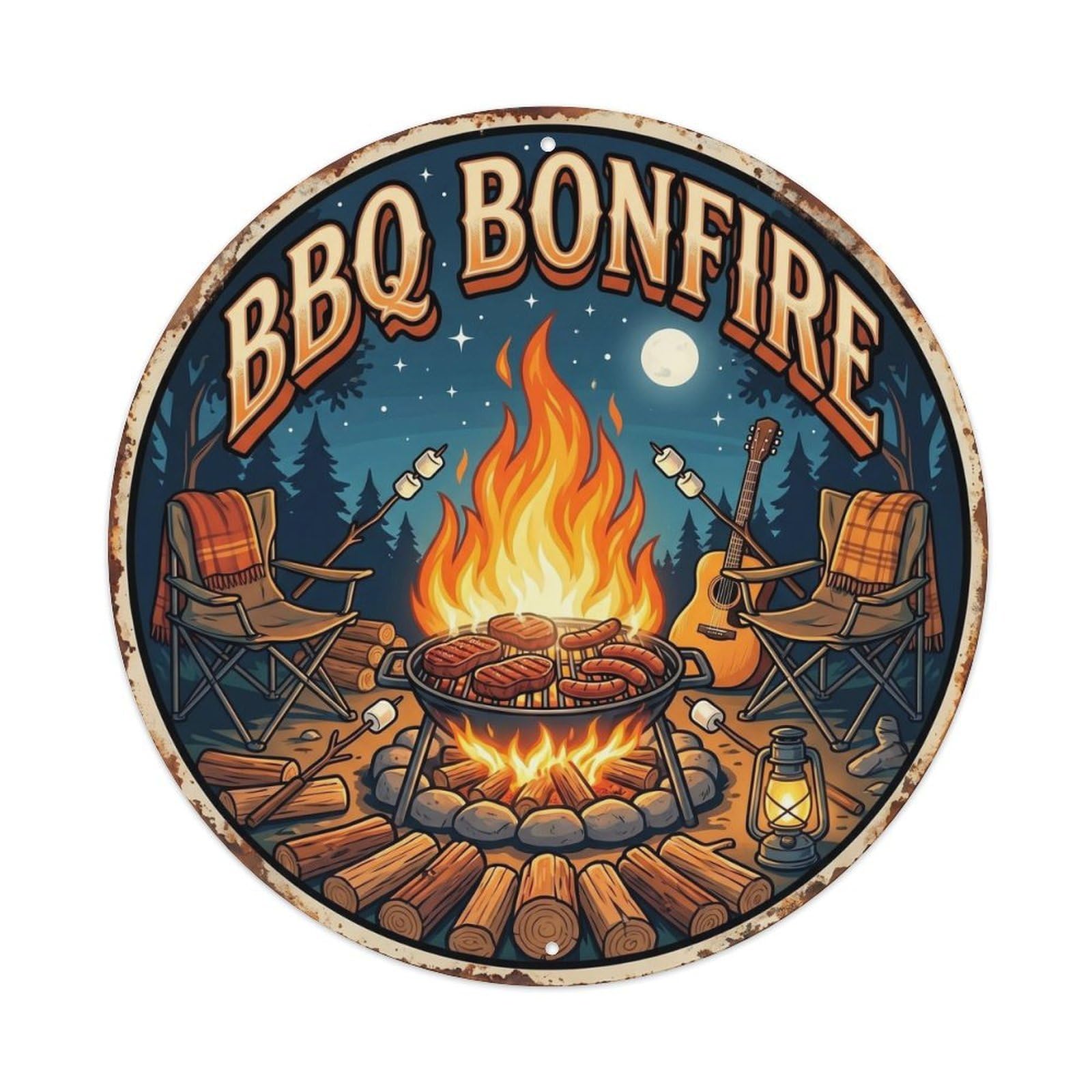 Yrnq Vintage Style-33 Vintage Bbq Barbecue Bonfire Artwork Metal Tin Sign Plaque Wall Decor For Cafe, Club, Garden Round Metal Poster 8X8inch