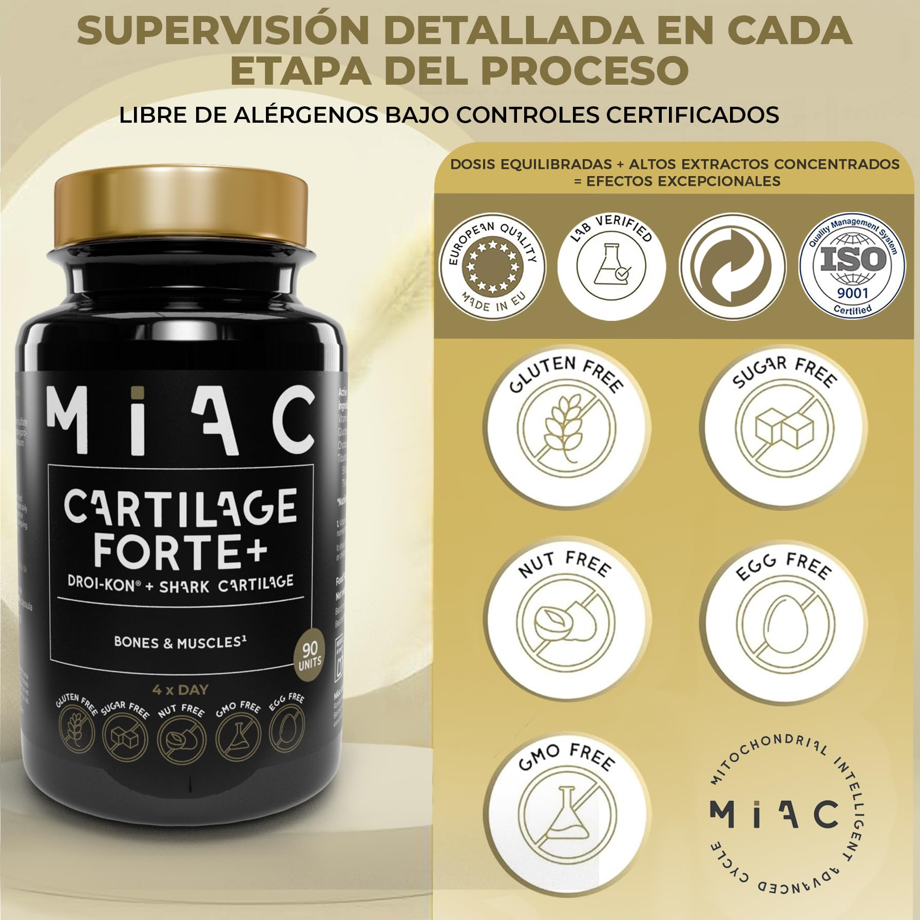 MIAC Glucosamina Condroitina | Glucosamina 1320 mg | Condroitina 880 mg | Con Vitamina D3 | 90 Cápsulas | Refuerza Cartílagos, Articulaciones y Huesos | Sin Gluten