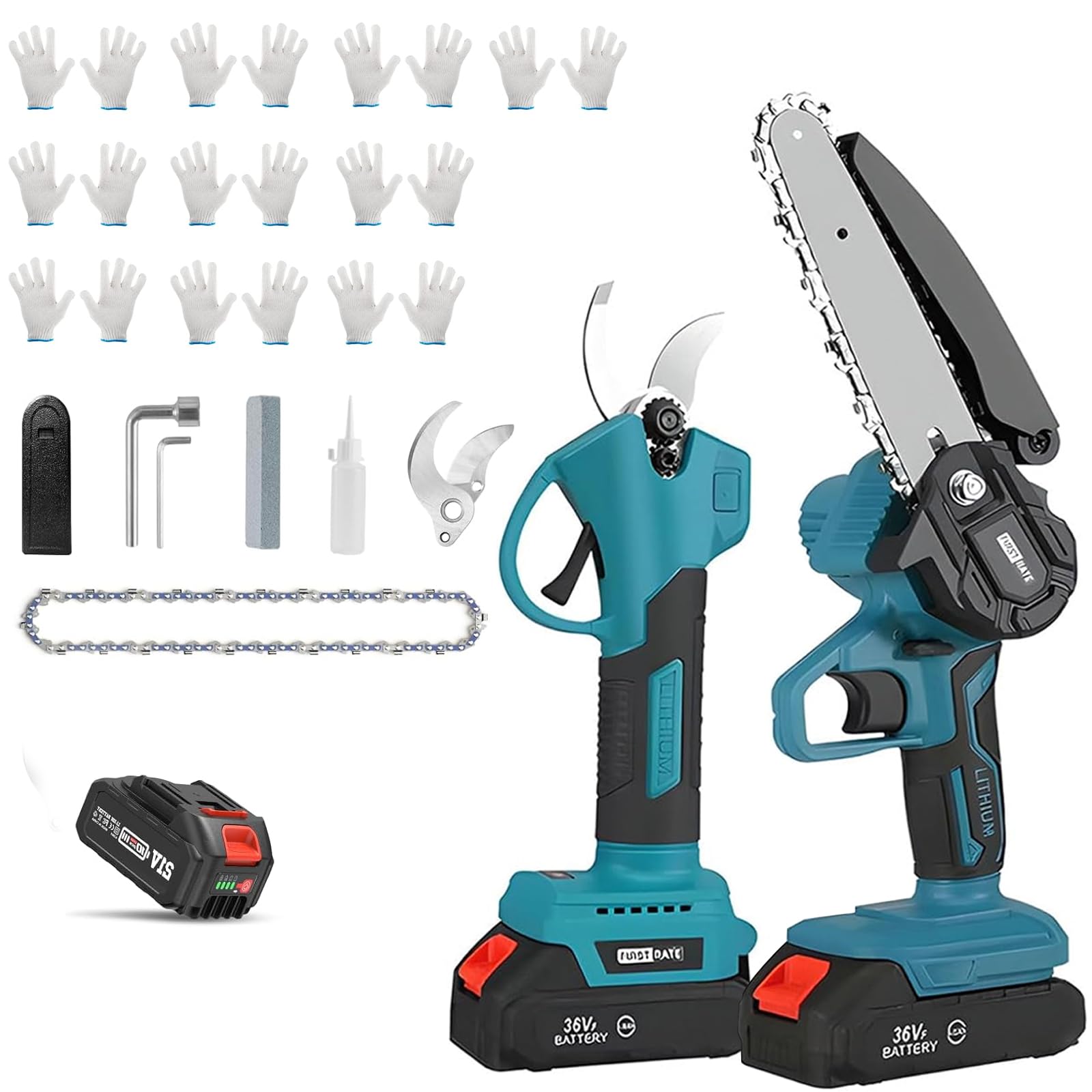 WaaYb Electric Pole Pruning Shears, Cordless Electric Pruning Shears Secateurs Brushless Portable Pruner, 2.0Ah Li-ion Battery Powered Garden Scissors with SK5 Blades & Angle Adjustment & 10 Gloves
