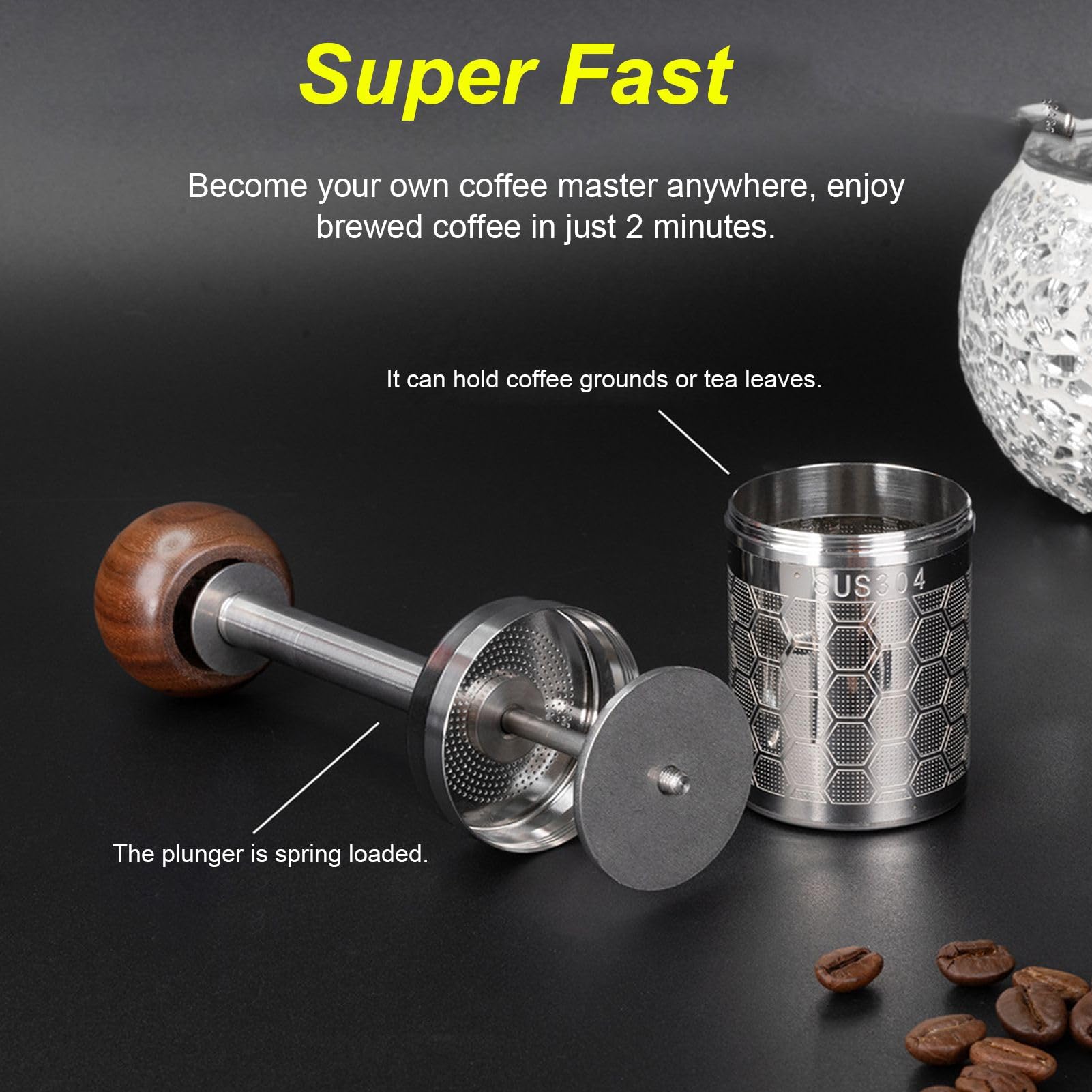 Asixxsix Filtro de café de Prensa de Acero Inoxidable, Varilla de Preparación Accionada por Resorte Patentada para un Sabor Rico, Colador de té de café Reutilizable sin Papel con de