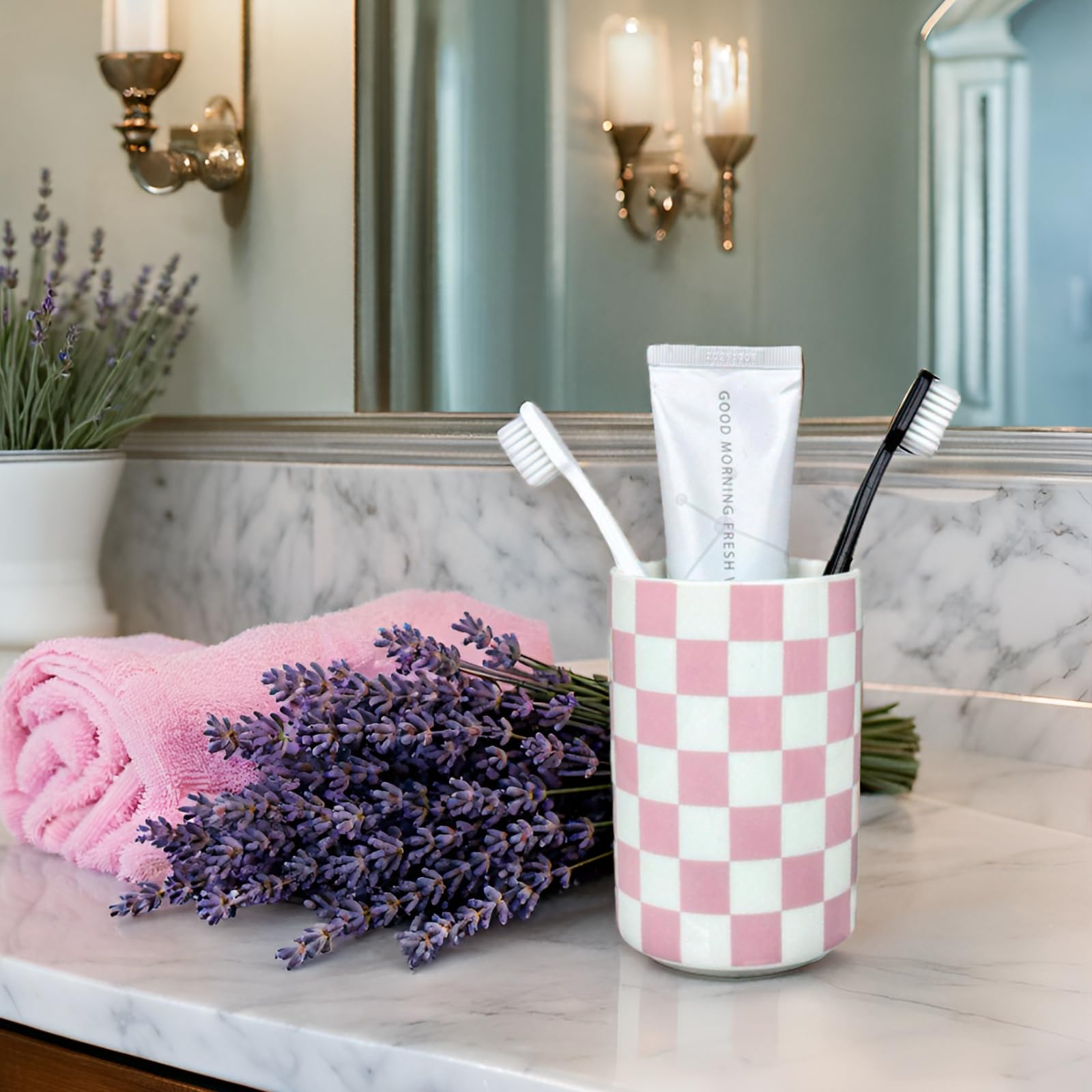 Soporte de cerámica para cepillo de dientes rosa, soporte para cepillo de dientes para baño, moderno y bonito soporte para cepillo de dientes femenino, vaso de pasta de dientes para baño,