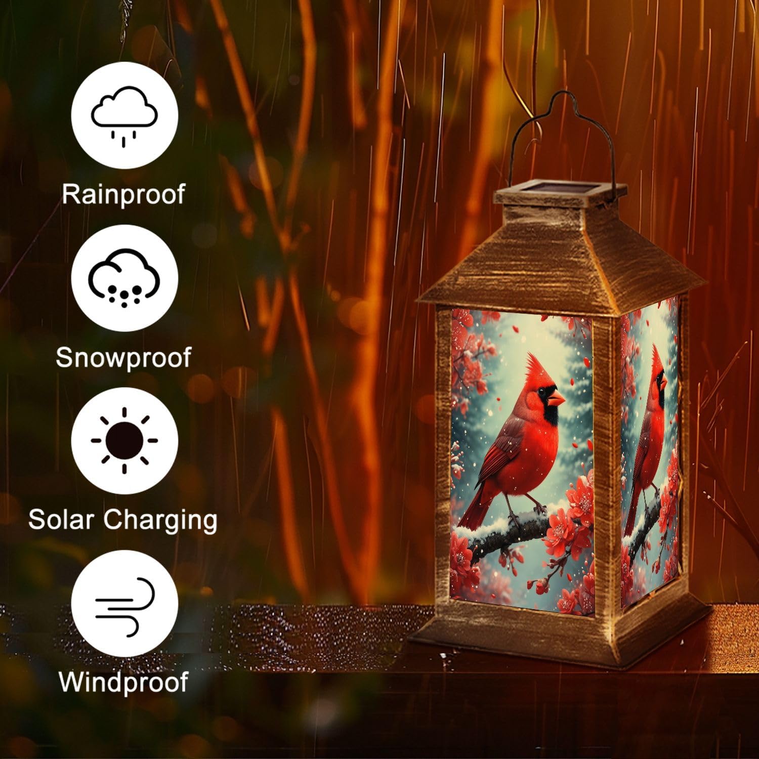 Solar Lantern Red Cardinal Bird Perched Snowy Branch Red Blossoms Winter Scene Garden Hanging Lantern Waterproof Solar Powered Lighting Outdoor Table Lamp for Deck Yard Camping Patio Decor