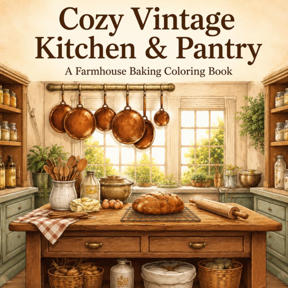 Cozy Vintage Kitchen and Pantry A Bold and Easy Coloring Book for Adults: 30 Farmhouse Kitchens and Rustic Country Coloring Pages