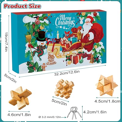 Miniatura 6 de Brain Teaser Calendario de Adviento 2024 para niños, calendario de cuenta regresiva de 24 días de Navidad con rompecabezas de metal y madera 3D,
