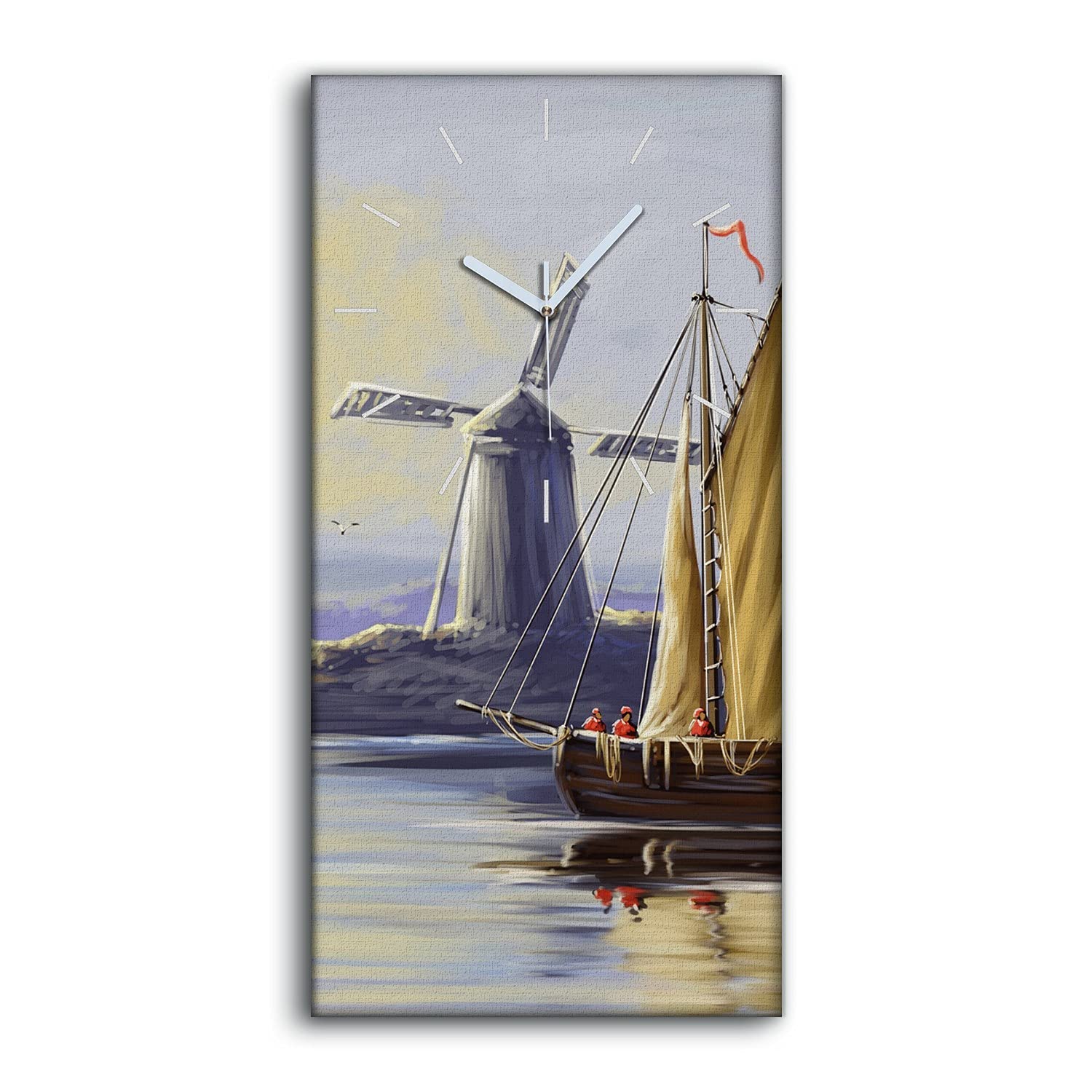 Horloge sur toile 30x60cm sans tic-tac motif lac et moulin