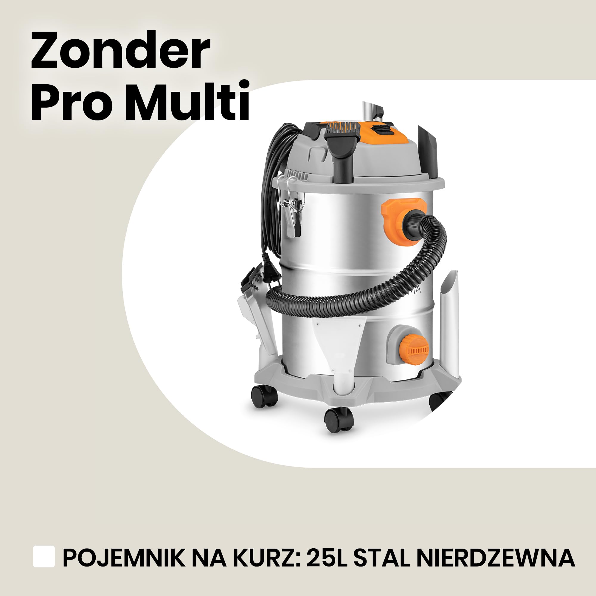 ZEEGMA ZONDER PRO MULTI Odkurzacz do Pracy na Sucho i Mokro, Odkurzacz Przemysłowy 1600W do Popiołu, Pojemnik 25 L, Zestaw Filtrów, Ssawka do prania Tapicerki Funkcja Nadmuchu (1600W 25L)