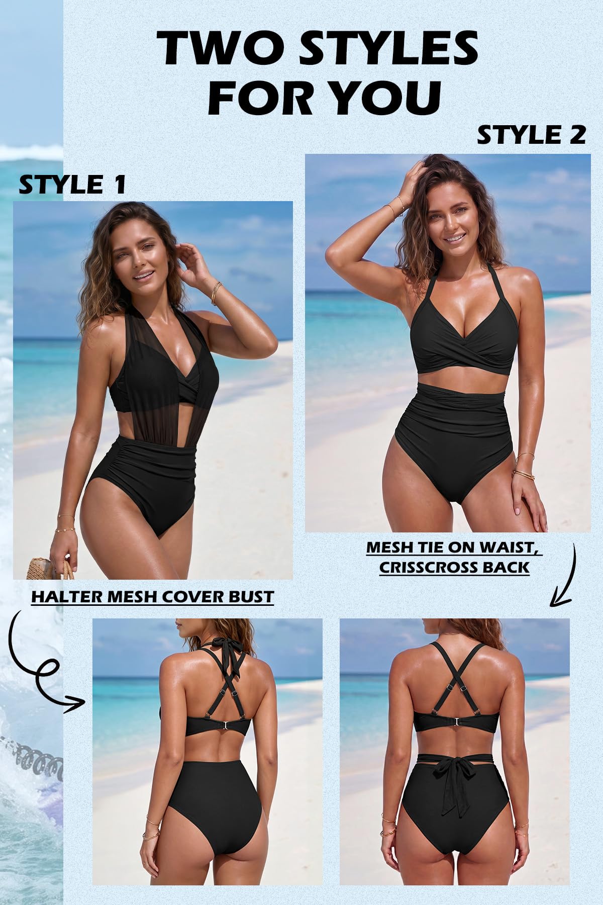 SHEKINI Damen Bikini Sets Halter hohe Taille Bauch Kontrolle Sexy Mesh 2 Stil Zwei Stück Badeanzug 2026