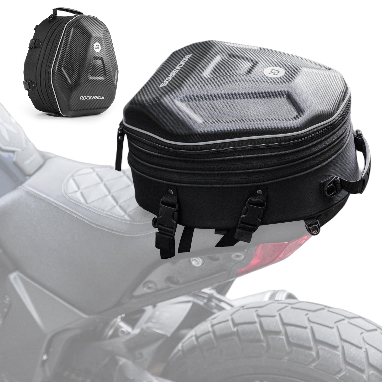 ROCKBROS Borsa Sella Posteriore Moto Zaino Guscio Rigido EVA Capacità Espandibile 20-35 L Copertura Antipioggia