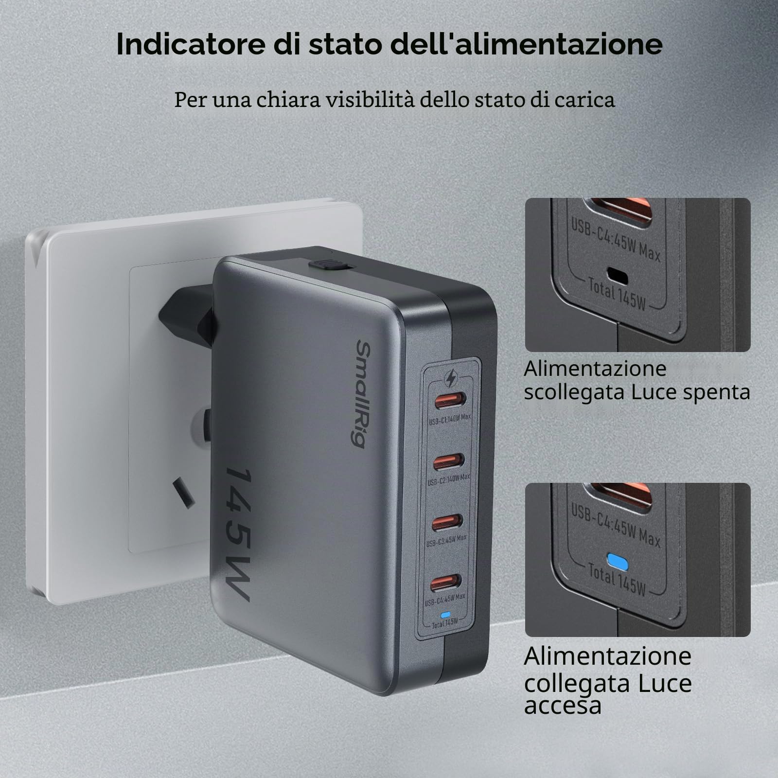 SMALLRIG 145W USB-C Charger, 4-Port PD3.1 GaN Fast Pieghevole Charger per MacBook Pro/Air PPS Wall Charger Power Adapter per iPad, V-Mount Battery, Laptop, Fotocamera - 4748