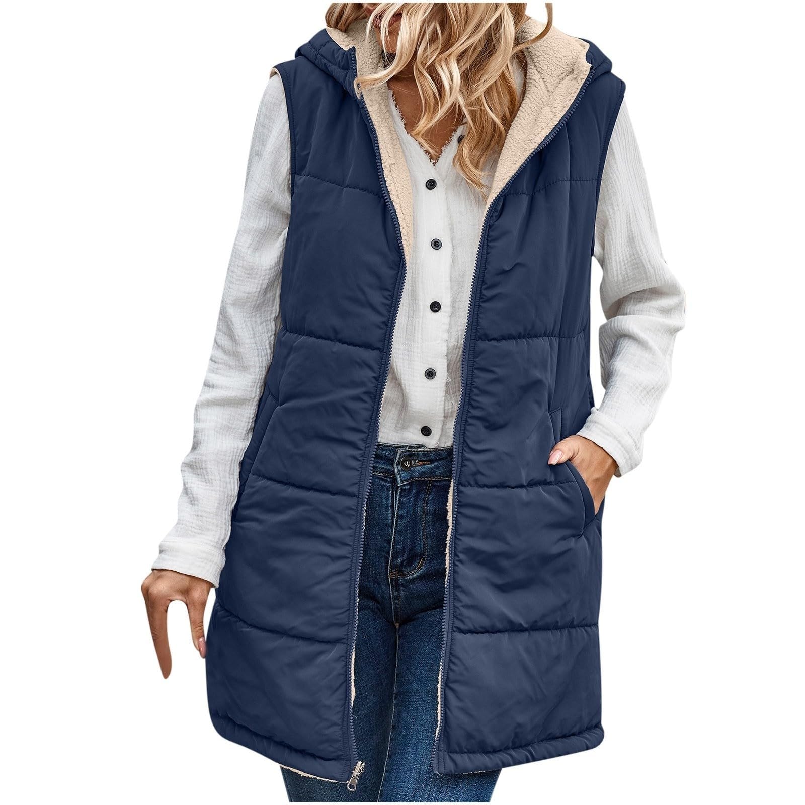Gilet Réversible À Capuche Sans Manches Pour Veste Doublée En Polaire Avec Poches Fermeture Éclair Complète Vêtements D'extérieur Mode D'hiver Veste Réversible Sans Manches