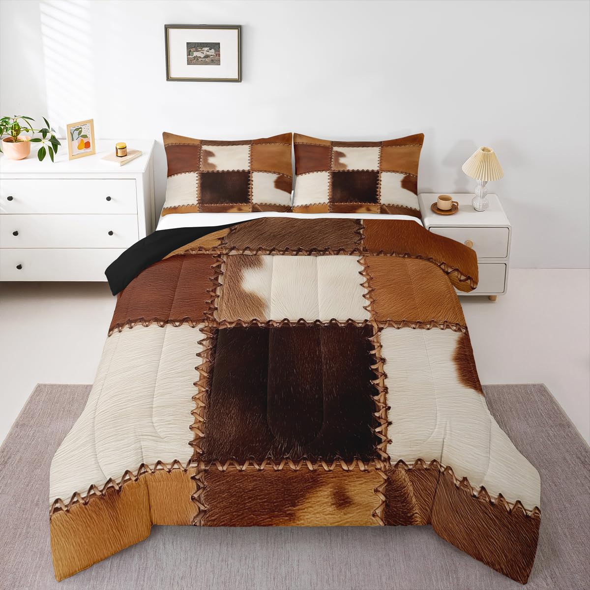 Cowhide Bedding Sets Patchwork Cow Fur Print Comforter (Not Real Fur)Farm Animal Comforter Set for Kids Boys Girls Western Cowboy Farmhouse Down
