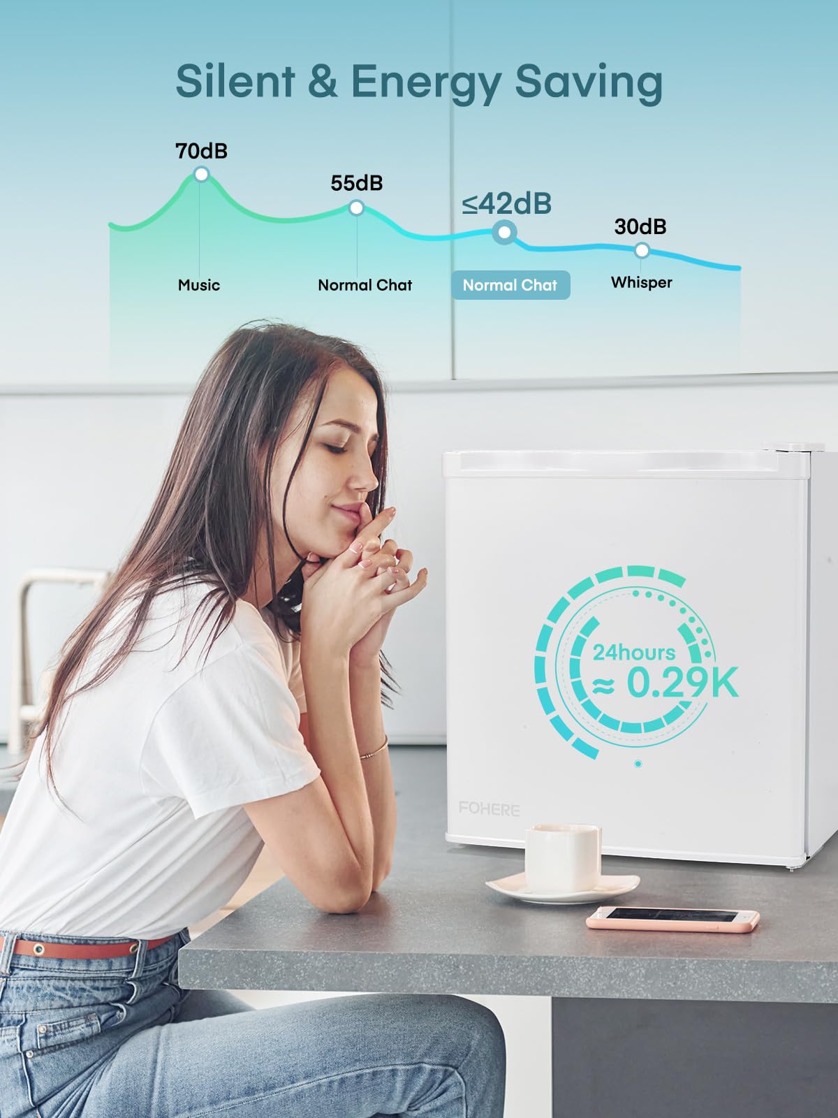 FOHERE Mini Kühlschrank 46L mit Eisfach | Getränkekühlschrank | Temperaturregelung, Energiesparend, Leise | Kühlschrank Klein Ideal für Küche, Büro, Schlafzimmer | Wechselbarer Türanschlag | Weiß