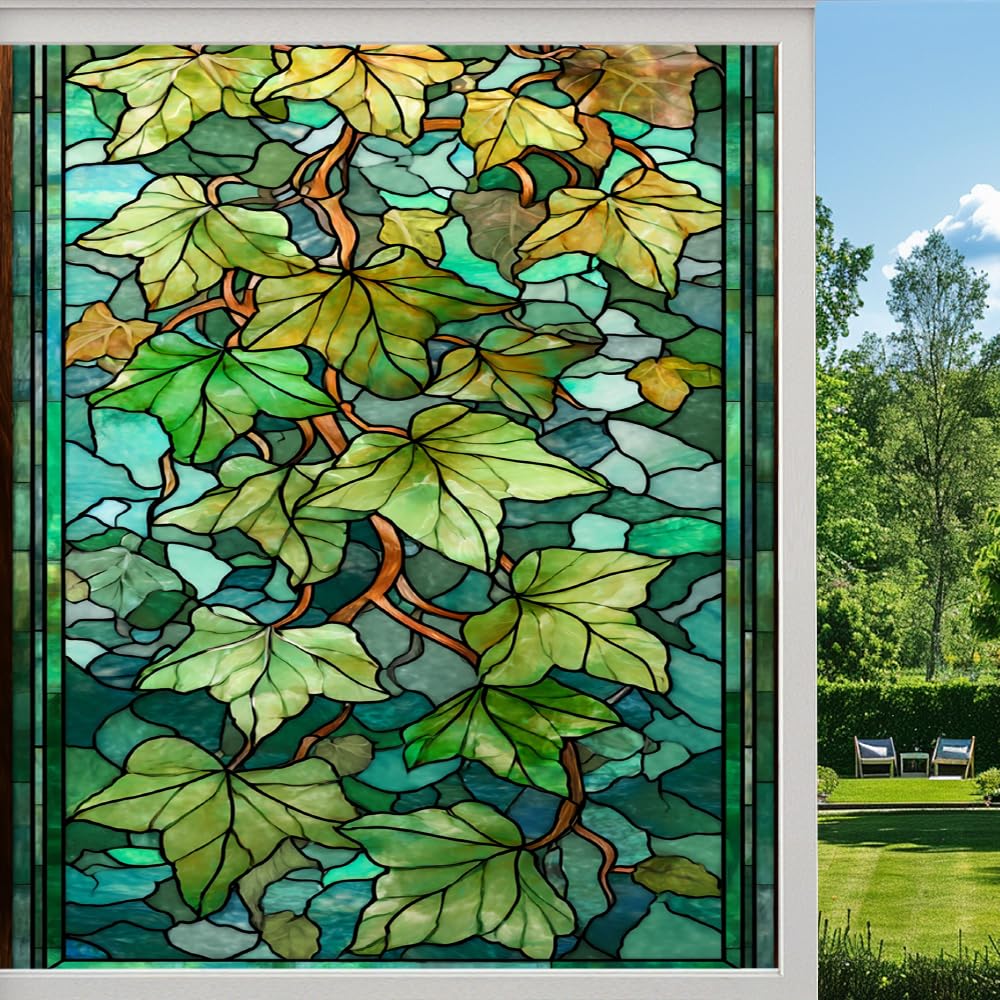 Vintage Leaves Privacy Window Film, Rustic Colorful Plant Frosted Self-Adhesive Vinyl Cling for Glass Doors Bathroom Windows Sun Blocking Heat Control, （90x140cm）