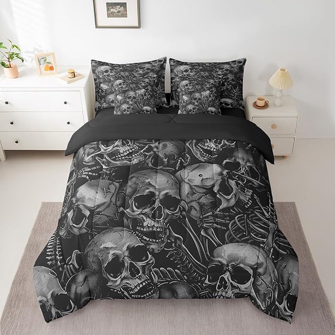 Feelyou Sugar Skull Comforter Set with Sheets Twin Size 7 Piece Gothic Skeleton Bedding Set for Kids Boys Girls Teens Room Decor Pesonalized Skeleton Bones Bed in a Bag Halloween Themed Grey Bed Set