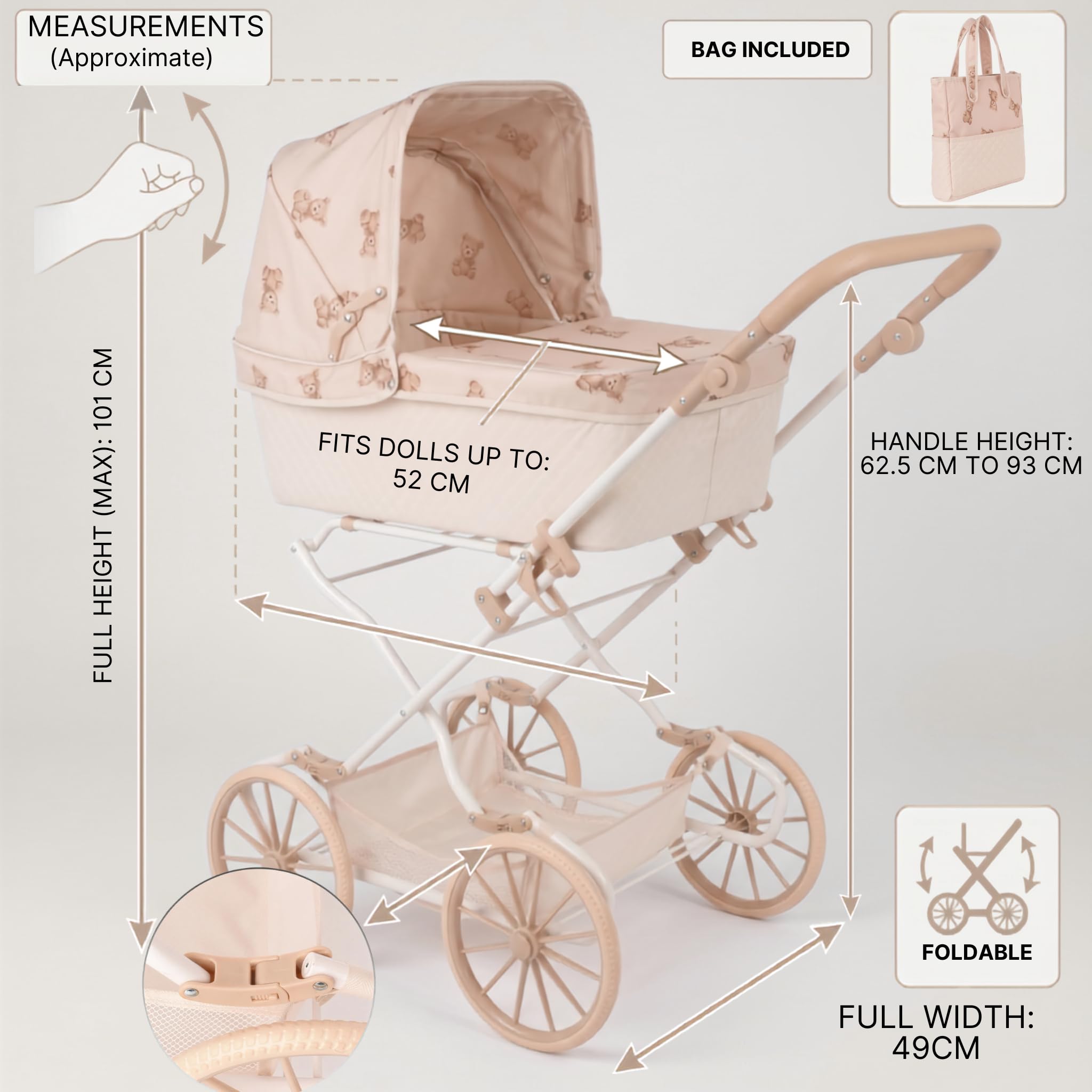 Roma Teddy Reborn wózek dziecięcy dla większych lalek, uroczy miś, regulowany uchwyt 62,5-93 cm, zabawka dla chłopców i dziewczynek, styl vintage z koszem, akcesoria dla lalek.