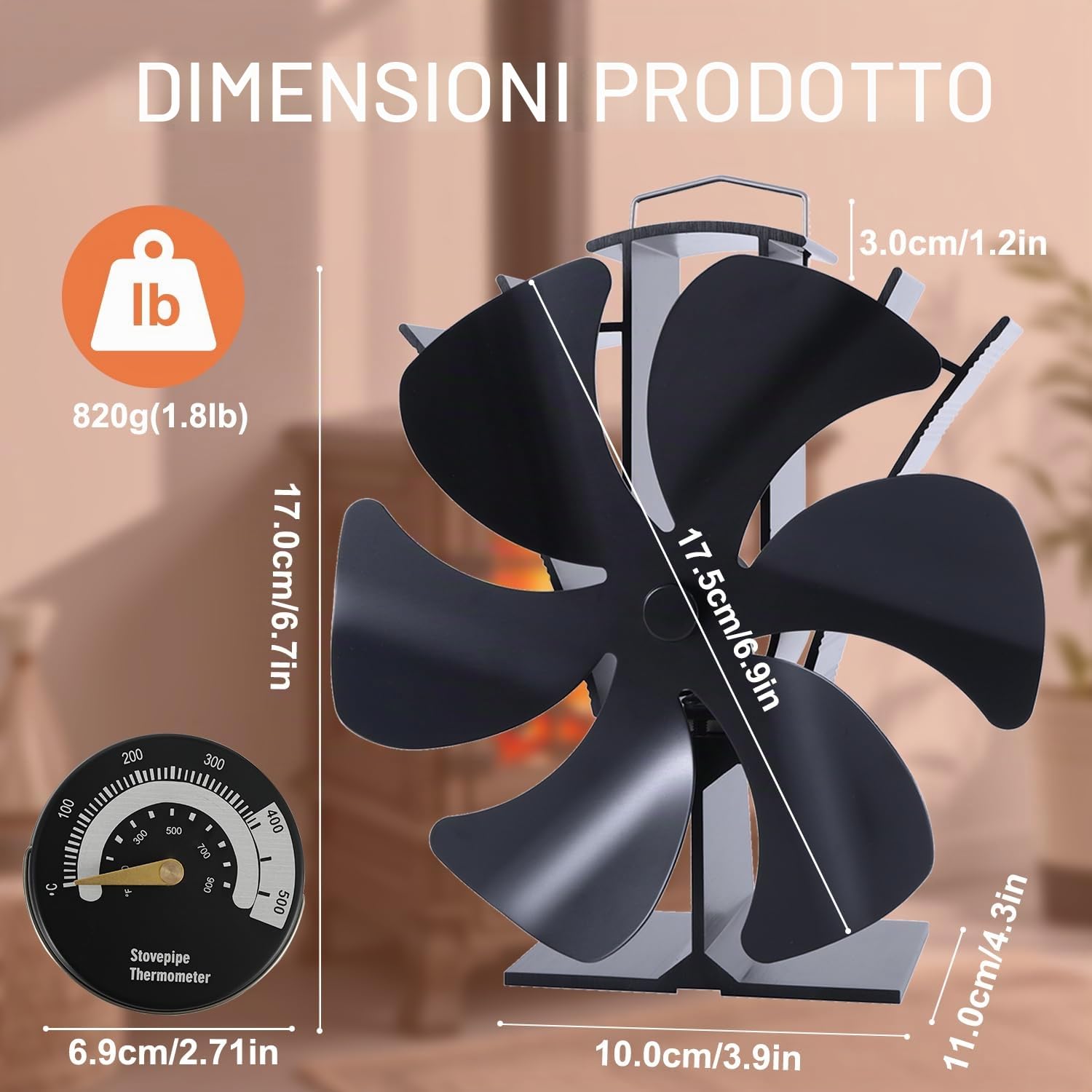 Tomersun Ventola per stufa a legna a 6 pale con termometro a legna alimentata a calore ventilatori per camino/stufa a legna/bruciatore a legna