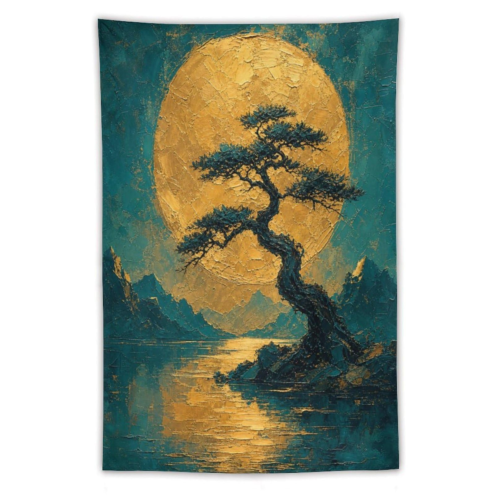 W7C8U2X3 Golden Moon Pine Landscape Wall Tapestry, Ukiyo-e, Quiet Lake