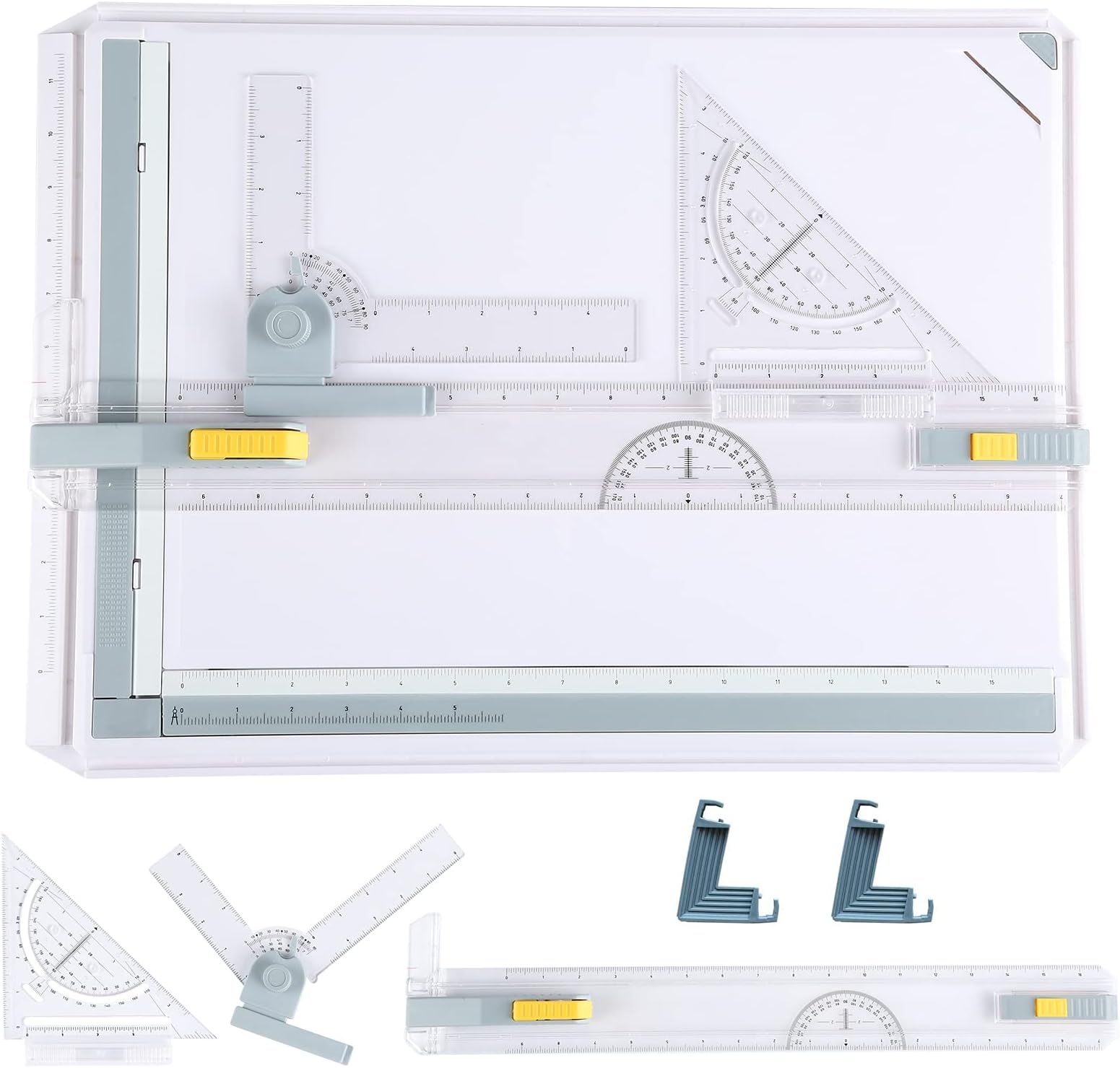Jinsihou Portable A3 Drawing Board Tools Set Inch Scale Drafting Graphic Architectural Sketch Table with Parallel Motion, Set Square, Clamps, Protractor, Anti-Slip Support Standers, Sliding Ruler
