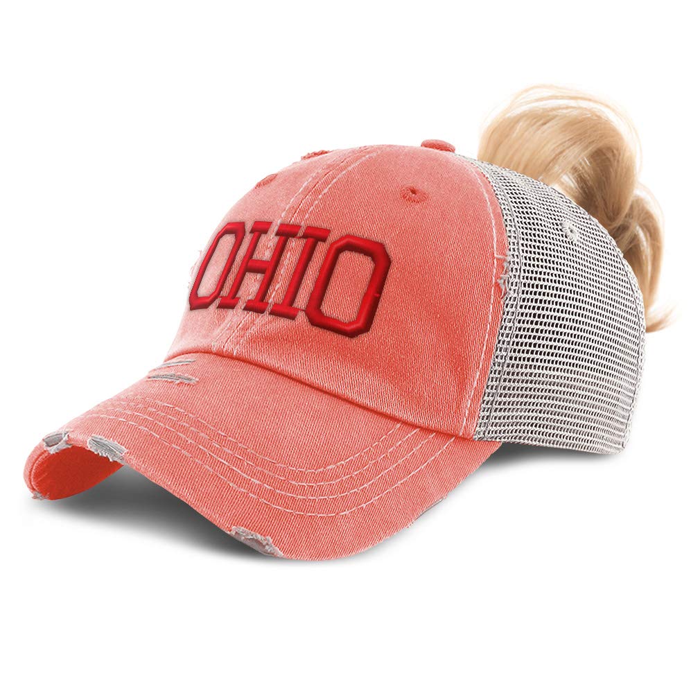 Women's Distressed Ohio State Ponytail Trucker Hat - Coral Design, Cotton, Adjustable Strap Back - View #12