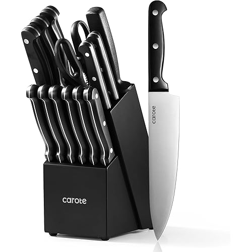 CAROTE 14 Pieces Knife Set with Block, Forged, High Carbon Stainless Steel Sharp Blade Block Knife Set, Dishwasher Safe Cutlery, Black