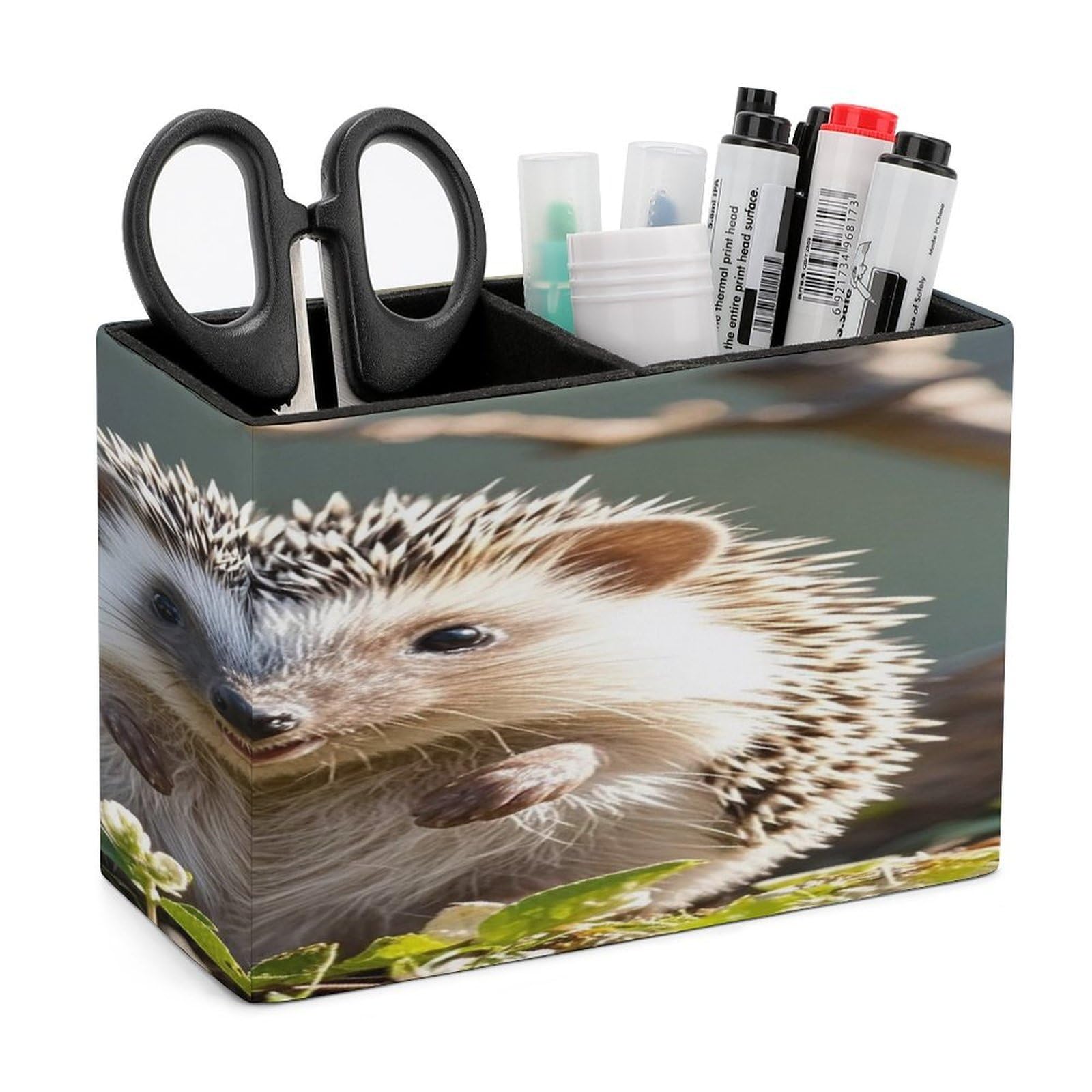 LZQPOEAS Lovely Hedgehog Leather Pen Holder with 2 Compartments Luxury Pencil Holder Minimalist Pencil Cup Brush Scissor Holders Elegant Pen Cup for Office Home Desk Accessories