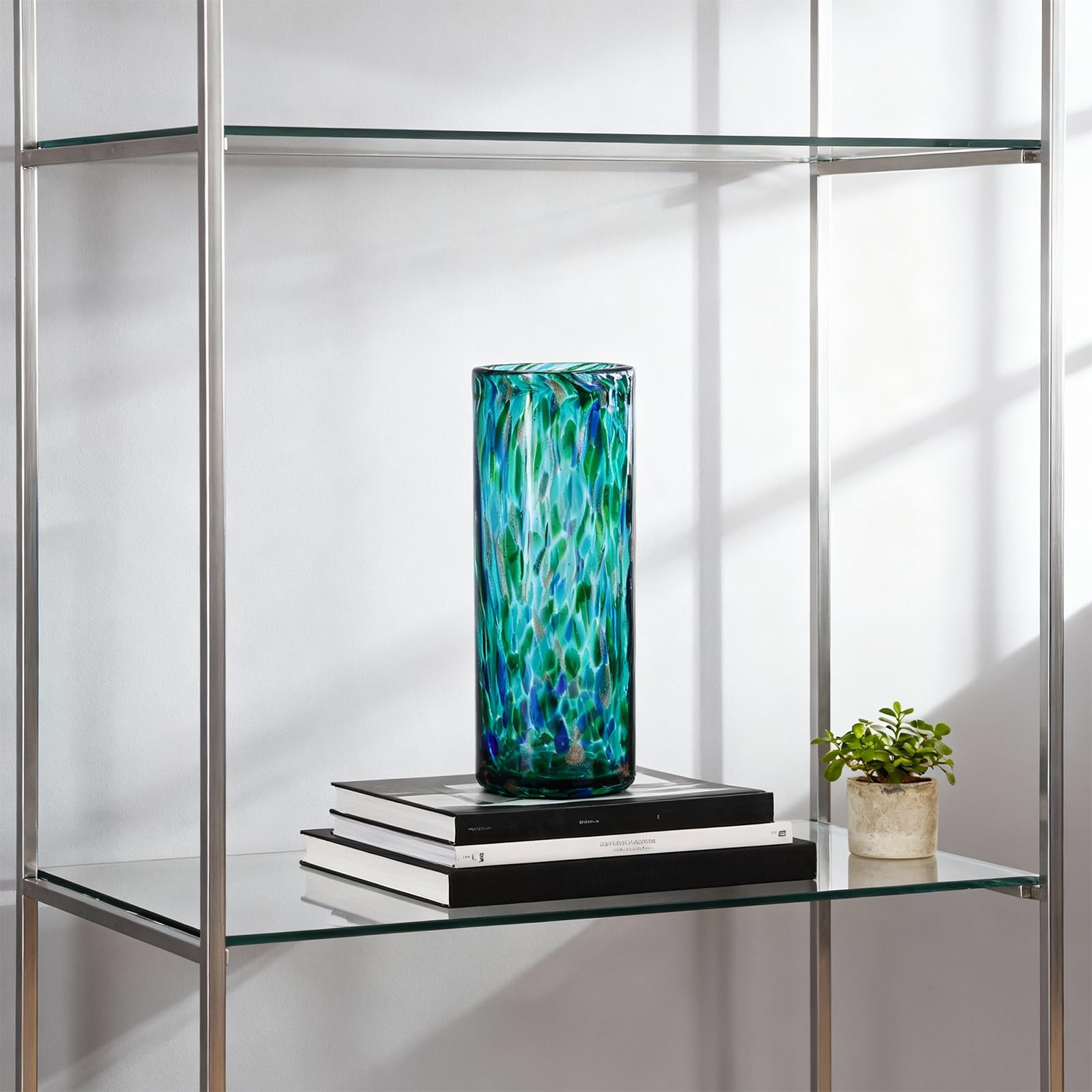 Jarrón verde azulado de 9.45 pulgadas de alto, jarrón de vidrio soplado a mano, moderno, centros de mesa para el hogar, jarrones de boca ancha para decoración de brotes y flores, ideal para sala de