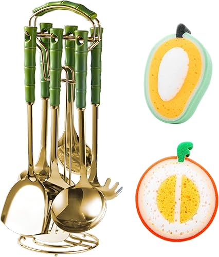 Juego de utensilios de cocina de 9 piezas, accesorios de cocina para cocinar, acero inoxidable dorado con asas verdes, herramientas de cocina con