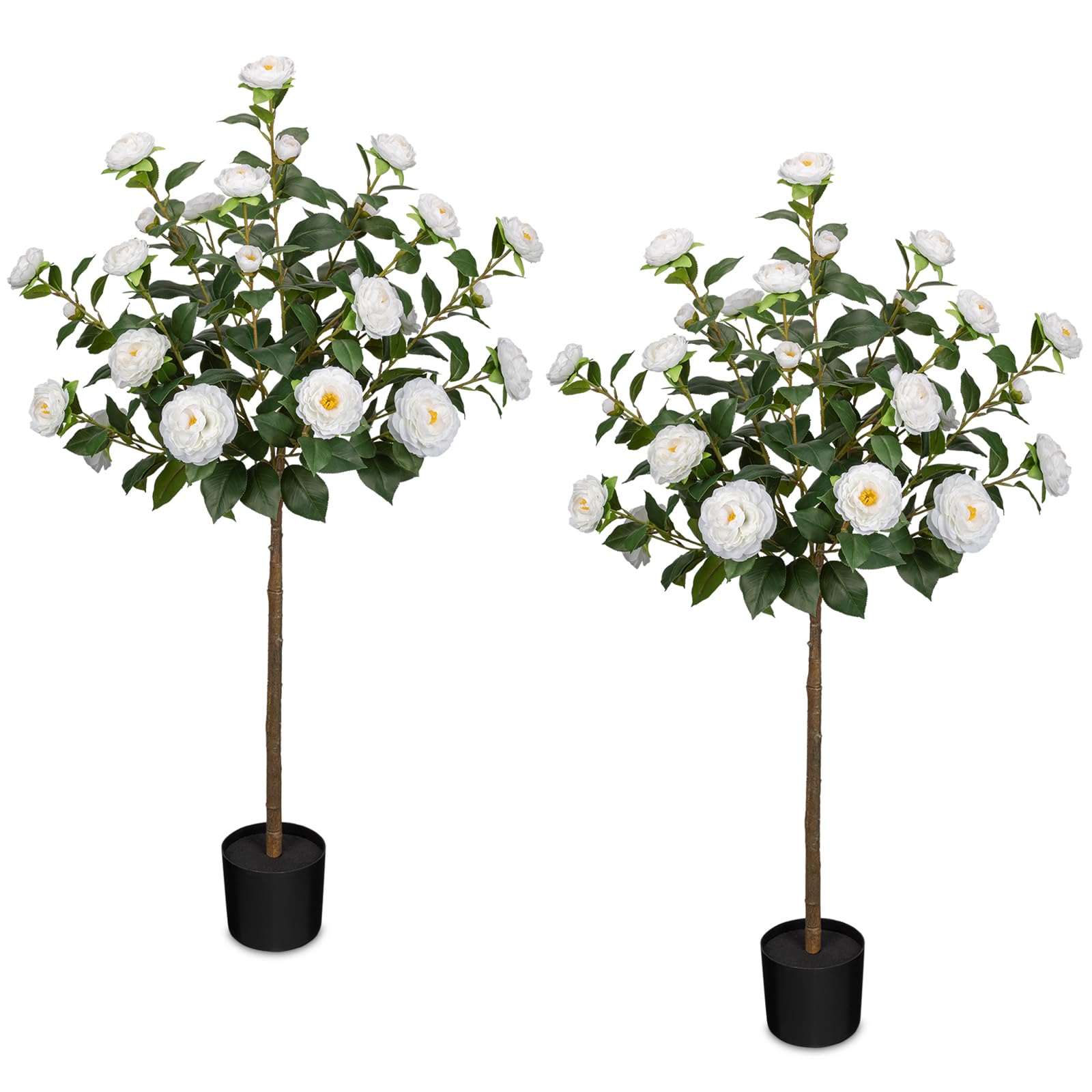Künstlicher Kamelienbaum, künstliche Kamelienpflanze mit weißen Blumen, künstliche Blumenpflanze, blühender Baum in schwarzem Topf für drinnen und draußen, Büro, Zuhause, Haustür, Veranda, Dekoration,