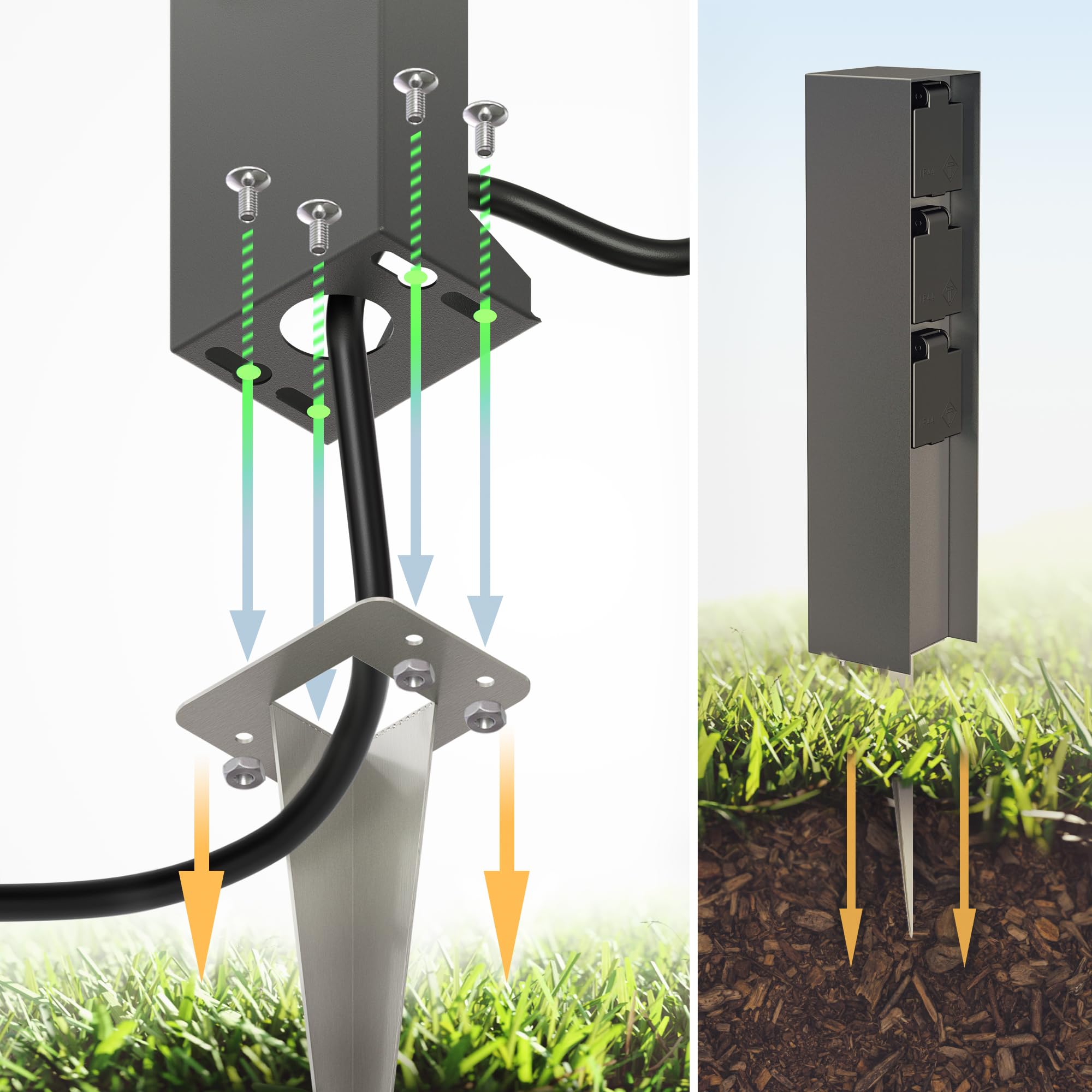 ledscom.de Garten-Steckdosen-Säule POMI mit Erdspieß für außen, IP44, 3-Fach, anthrazit, eckig, 33cm