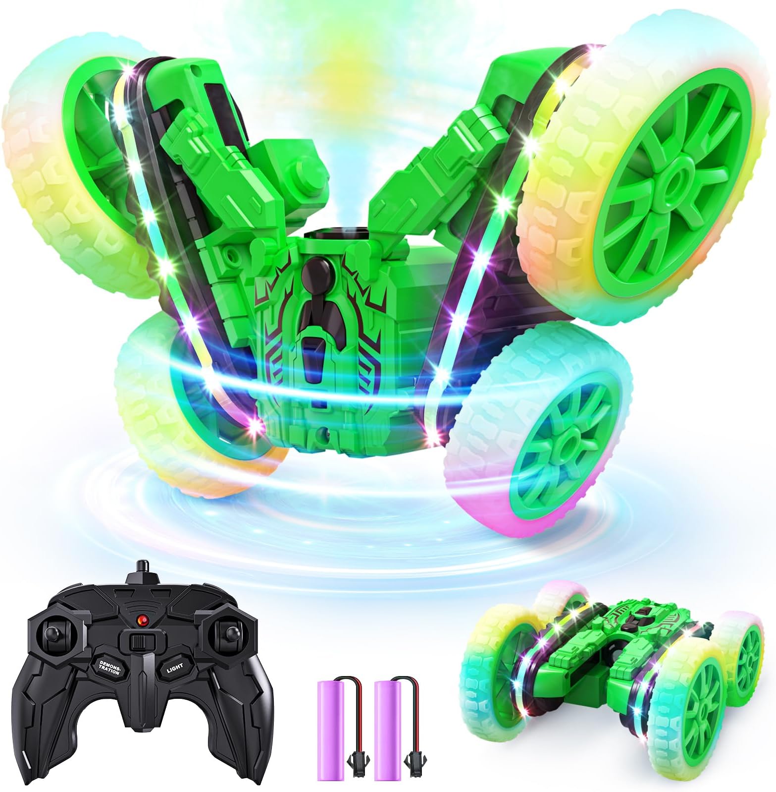 Jimdella Remote Control Car,RC Cars with Sides Light and Headlights,360°Rotating 4WD Off-Road RC Stunt Car,2.4Ghz All Terrain Toy Car for Boys Age 4-7 Kids Toy for 8-12 Boys Girls Birthday Gift(Green)