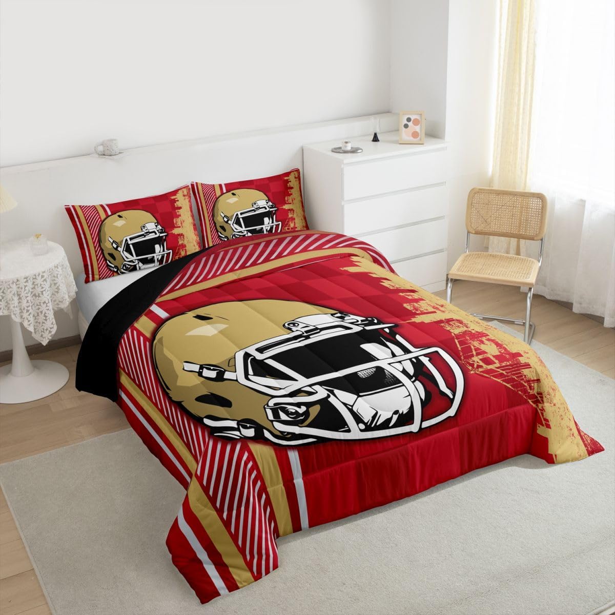 Erosebridal Boys Rugby Football Comforter Set Football Sports Game Bed Set, Rugby Ball Fan Helmet Bedding Sets Full, Competitive Games European Sport Quilt Set Brown Red