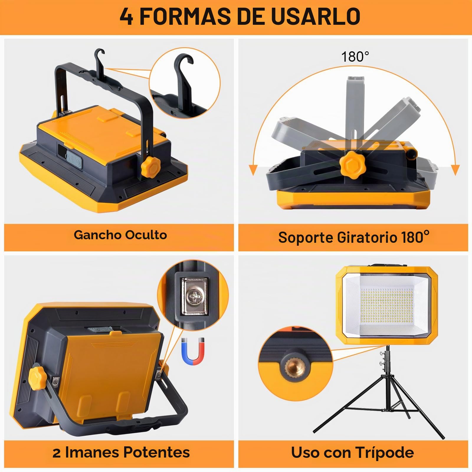 Foco Led Recargable 100W, Luz de Trabajo Portátil 12000LM Super Brillante 13000mAh con Panel Solar, 4 Modos de Luz, 2 Panel solar, Lámpara de Camping Portátil para Cortes de Energía, Camping