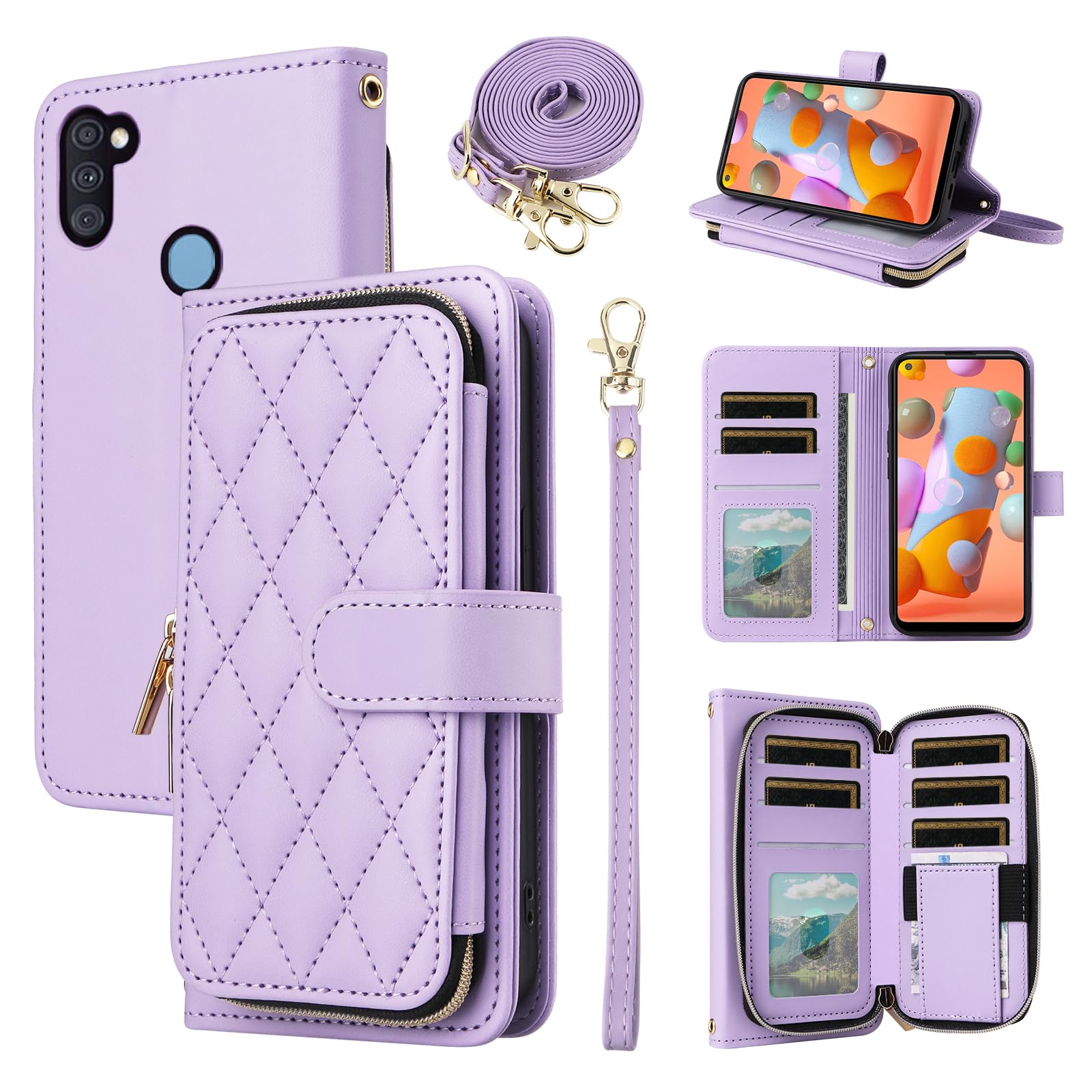 Furiet Argyle Wallet Case for Samsung Galaxy A11/M11 with Wrist Strap Shoulder Strap, 9+ Card Slots Zipper Purse Luxury PU Leather Stand Checkered