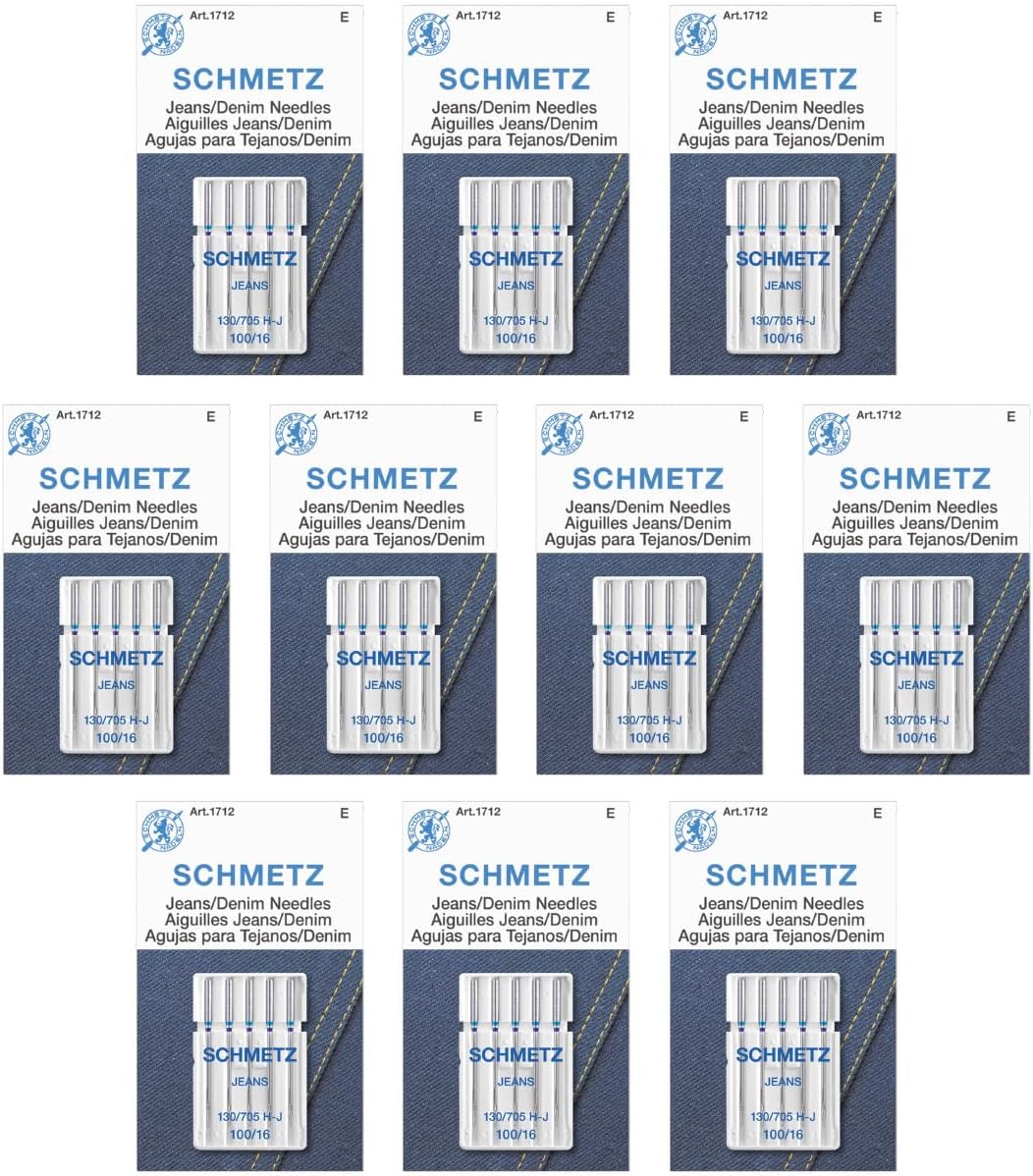 SCHMETZ Jean & Denim Sewing Machine Needles - Precision Needles for Heavy Fabric, Size 100/16, 5-Needle Cards, Pack of 10