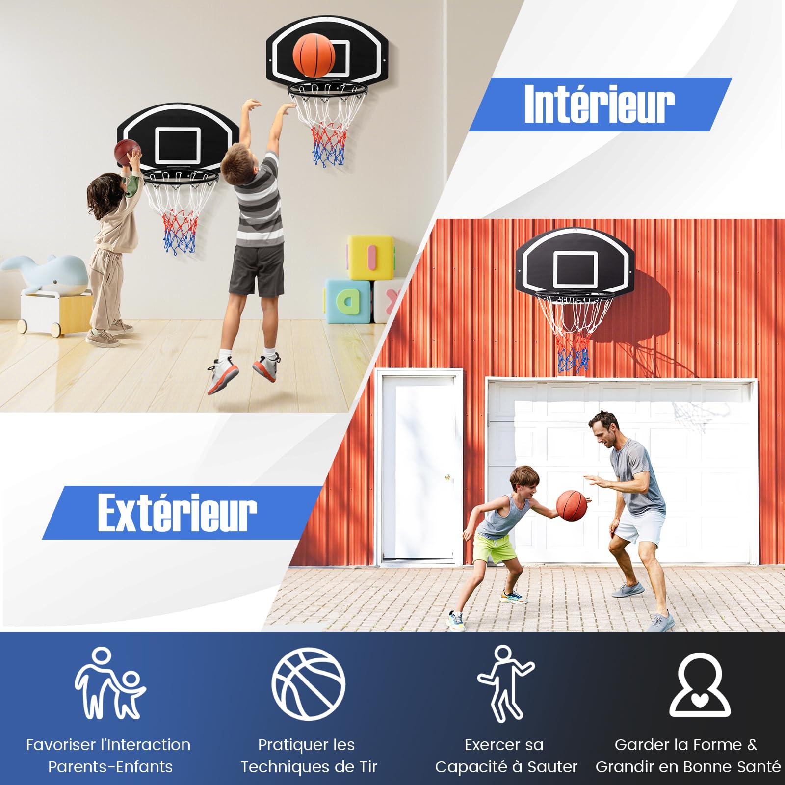 GYMAX Panier de Basket Mural pour Enfants et Adultes, Panier de Basket-Ball Intérieur avec Panneau Incassable, Jante en Métal, Installation Facile Jeu de Basket-Ball Intérieur et Extérieur