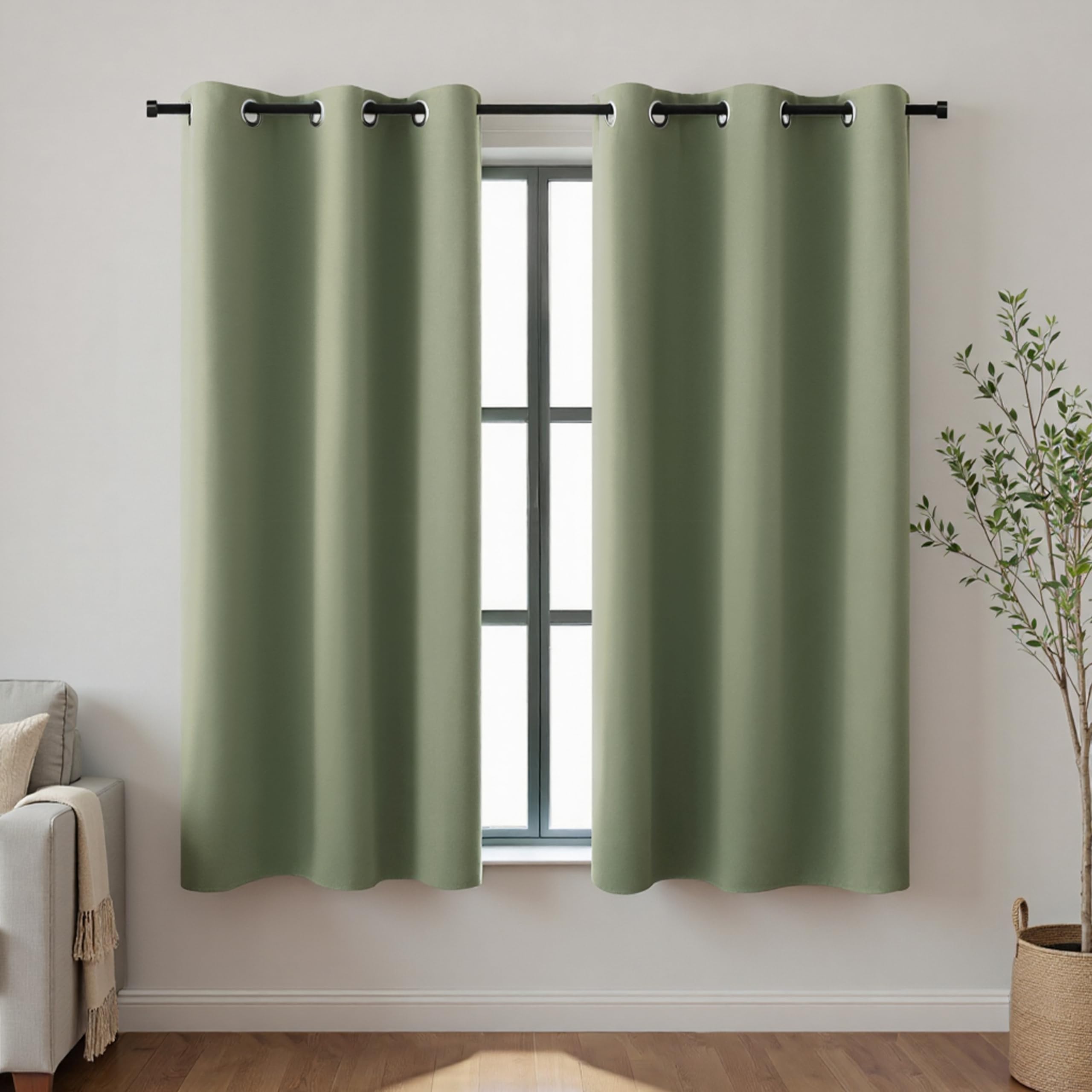 KOUFALL Short Blackout Curtains for Windows Black Out Curtain 54 Inch Long,Cute Boho Dark Sage Green Satin Curtains for Bedroom Bathroom 2 Panels Grommet — image 1