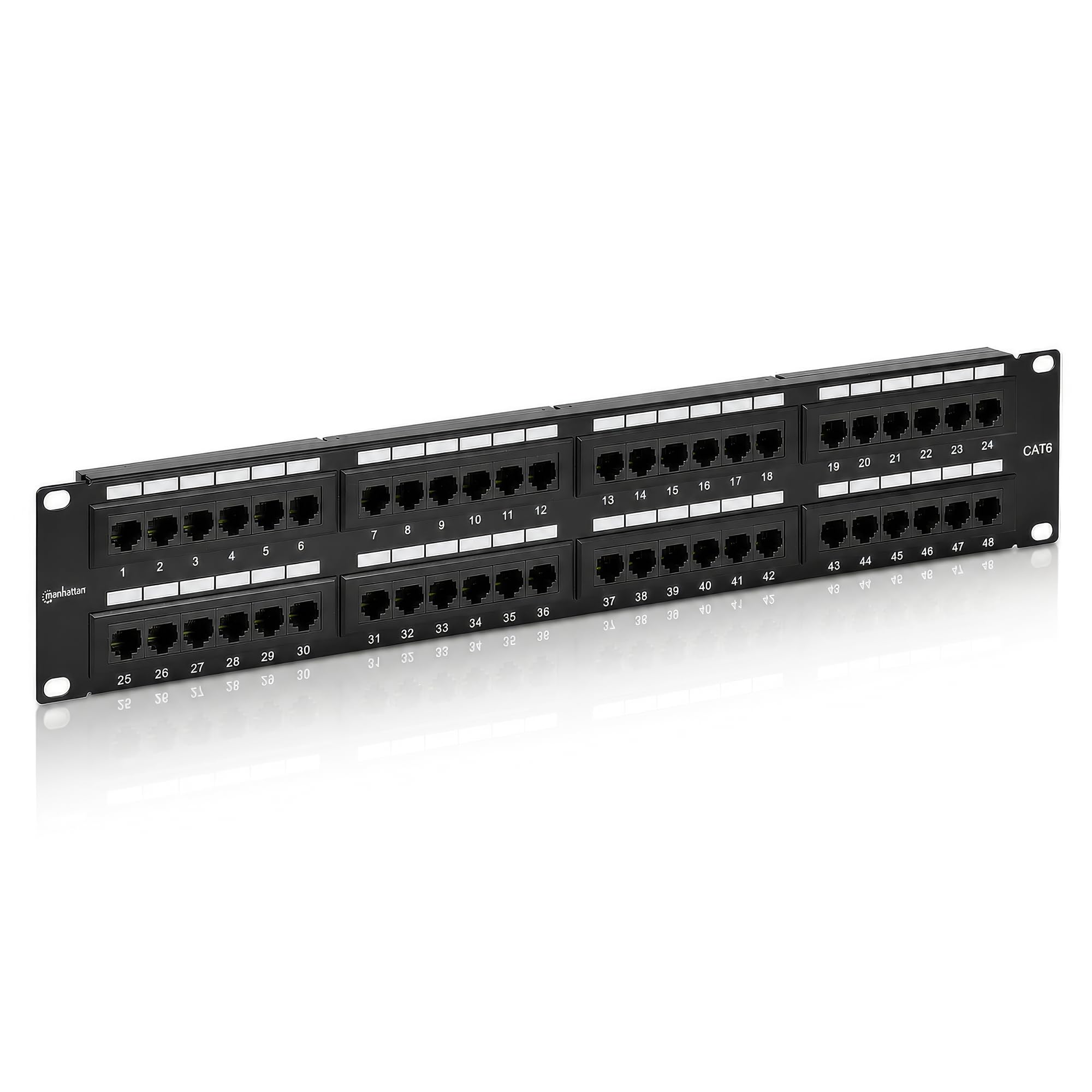 manhattan 48-port network patch panel cat-6 – 2u ul listed - rackmount wall mount – cable management bar – rack mount hardware - installer grade 3µ gold plated contacts - lifetime mfg warranty 720816