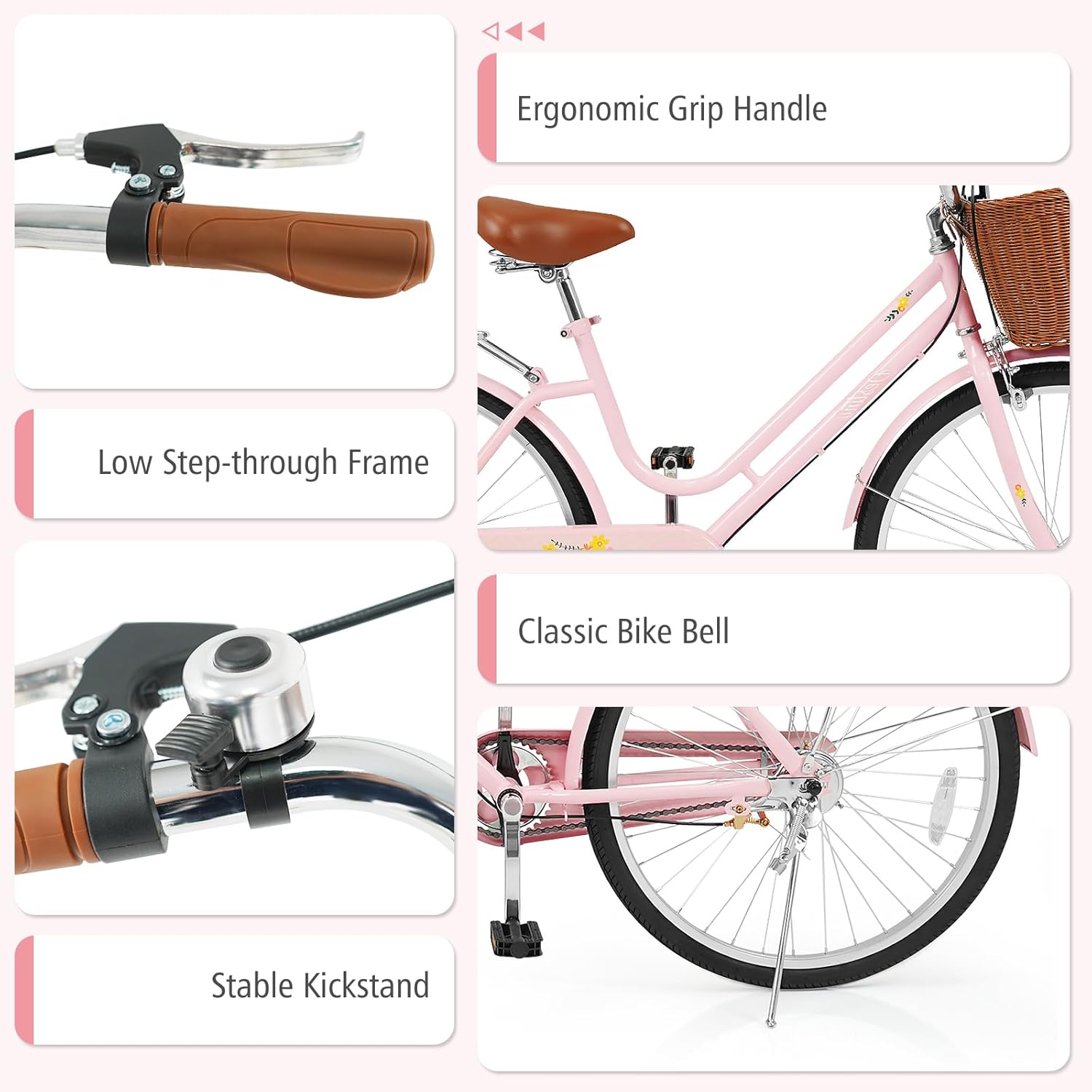 GYMAX Beach Cruiser Bike for Adults, 24/26 Inch Commuter Bicycle for Women with Rattan Basket, Ergonomic Low Step-Through Frame, Rear Rack & Adjustable Seat, City Bike Cruiser Bicycle