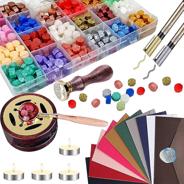 Genround Wax Seal Stamp Kit, 720 Pcs 24 Morandi Color Wax Sealing Beads with Melt Spoon & Wax Warmer Stand & 4 Tea Candles, Antique Stamp Wax Sealing Set for Envelope Wedding/Birthday(Homemade)