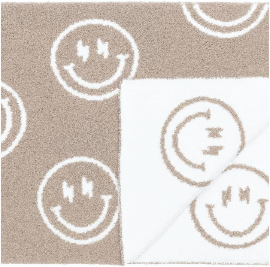Image of L+L USA Smiley Face with Lightning Bolt Eyes Baby Blanket 28"x40" - DreamSoft Throw for Crib, Stroller or Car Seat Blanket/Newborn Nursery Gift for Toddler, Infant, Kids, Boys & Girls (Tan/White)