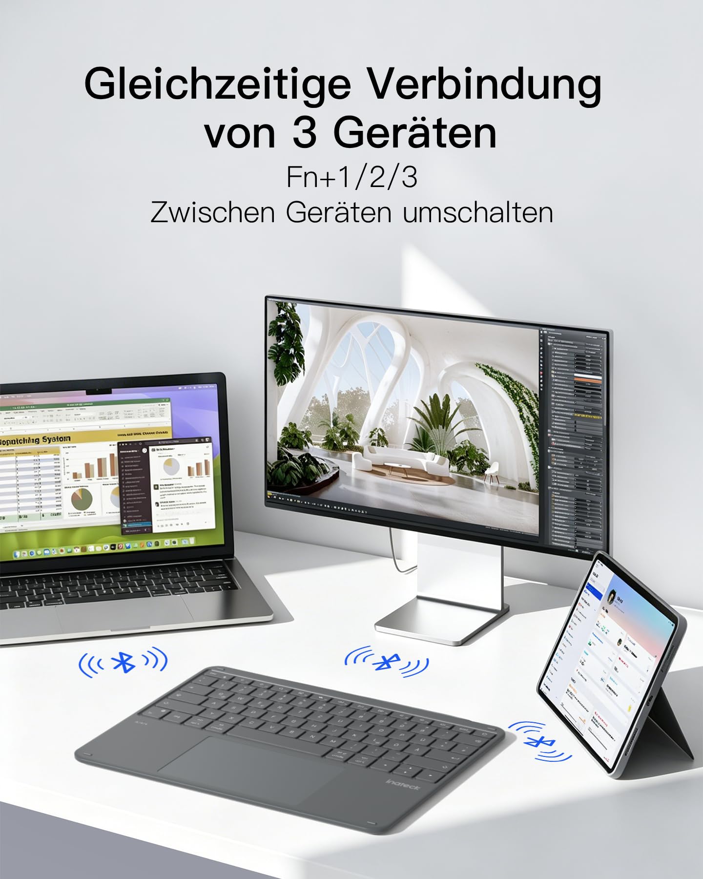 Inateck leichte Bluetooth-Tastatur, großes Touchpad, große Tasten | 3 Bluetooth-Kanäle, QWERTZ, kompatibel mit iPad, Tablets, Windows, Laptops & PCs