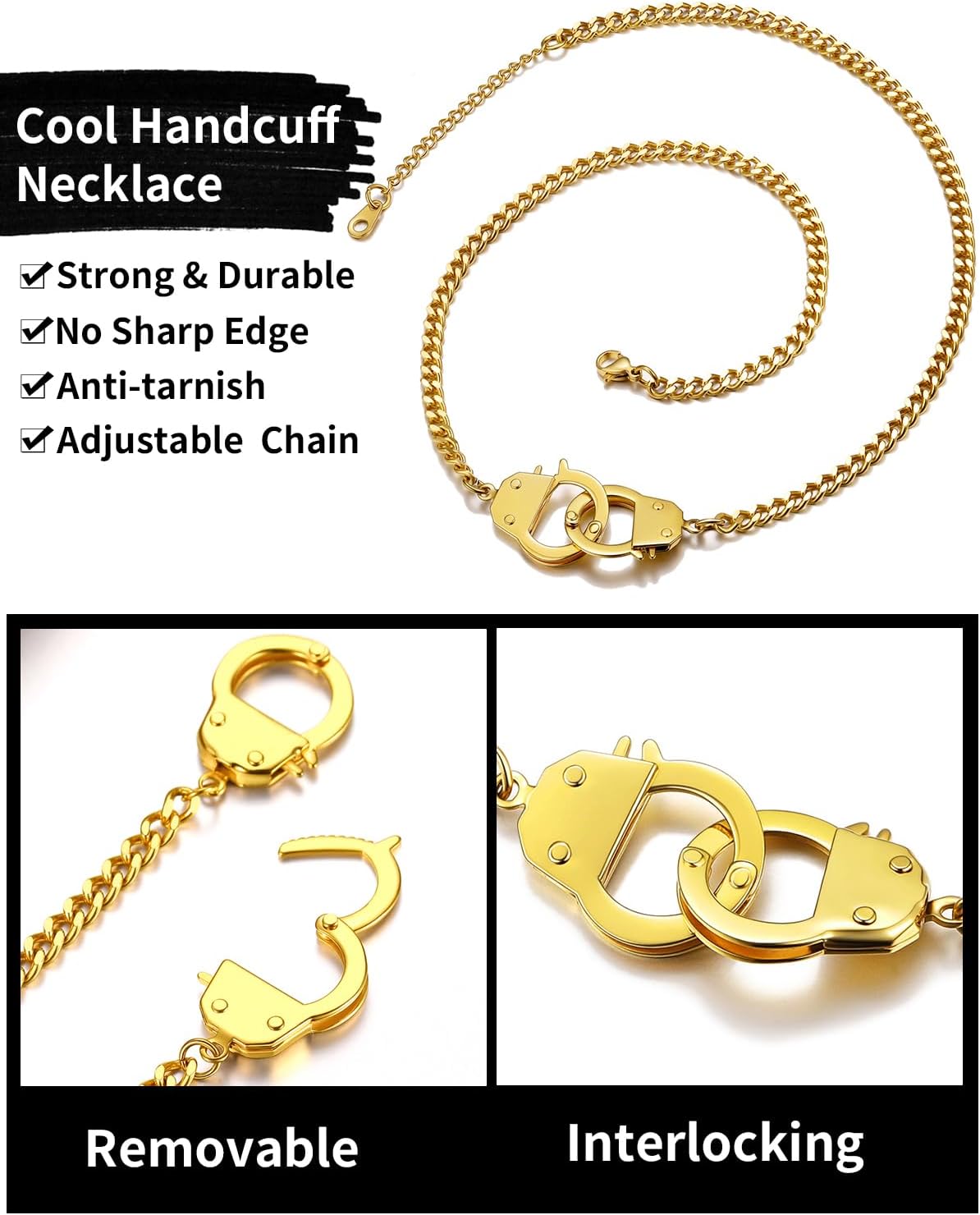 ChainsHouse Handcuff Necklace Mens Stainless Steel Padlock Pendant, 18K Gold Plated/Black Cuban Chain Interlocking 18inch Mens Biker Punk Rocker Statement Jewelry for Women