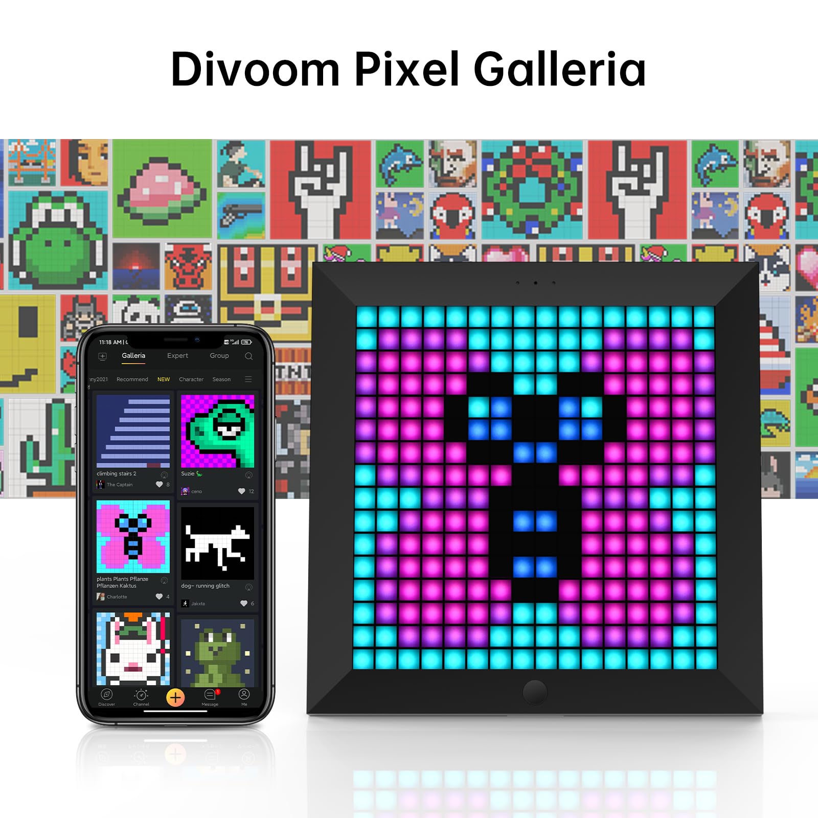 Divoom Pixoo Pixel Art Digitaler Bilderrahmen, Programmierbares 16 * 16 RGB LED Panel, Smart Clock mit Social Media Benachrichtigung, 7.18 Zoll Home Dekor Kalender Uhr, Gaming Gadgets (Schwarz)