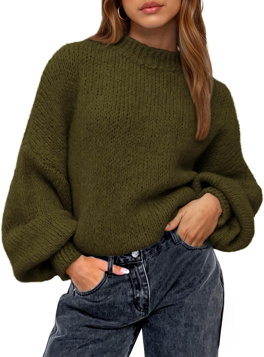 BTFBM Sweaters for Women Fall 2026 Crew Neck Lantern Long Sleeve Oversized Sweater Casual Knit Winter Pullover Tops