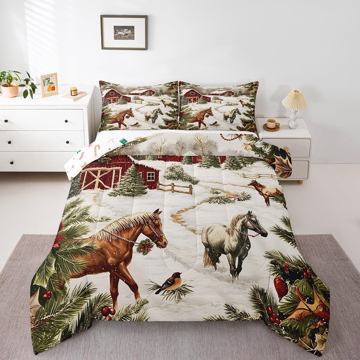 Christmas Farmhouse Comforter Set Queen Size for Kids Western Style Horse Bedding Sets All Season Xmas Pine Tree Quilt Set Bedroom Decor Retro Rustic Down Comforter,3Pcs
