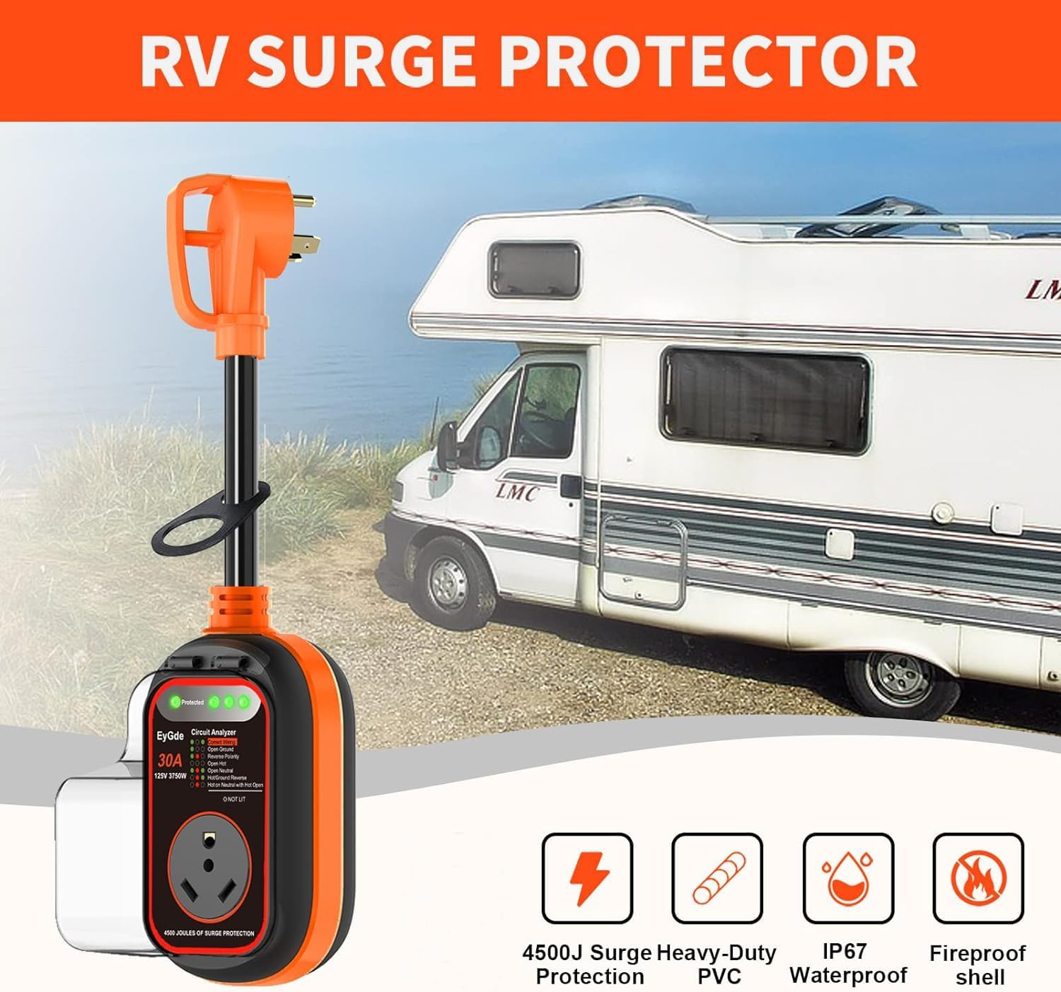 EyGde RV Surge Protector 30 Amp - 30Amp Circuit Analyzer with Waterproof Cover 30 Amp RV Power Outlet Box