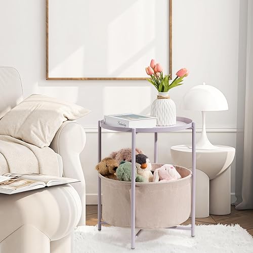Miniatura 72 de danpinera Mesa auxiliar redonda con cesta de almacenamiento de tela, mesita de noche pequeña de metal con bandeja extraíble para sala de estar,