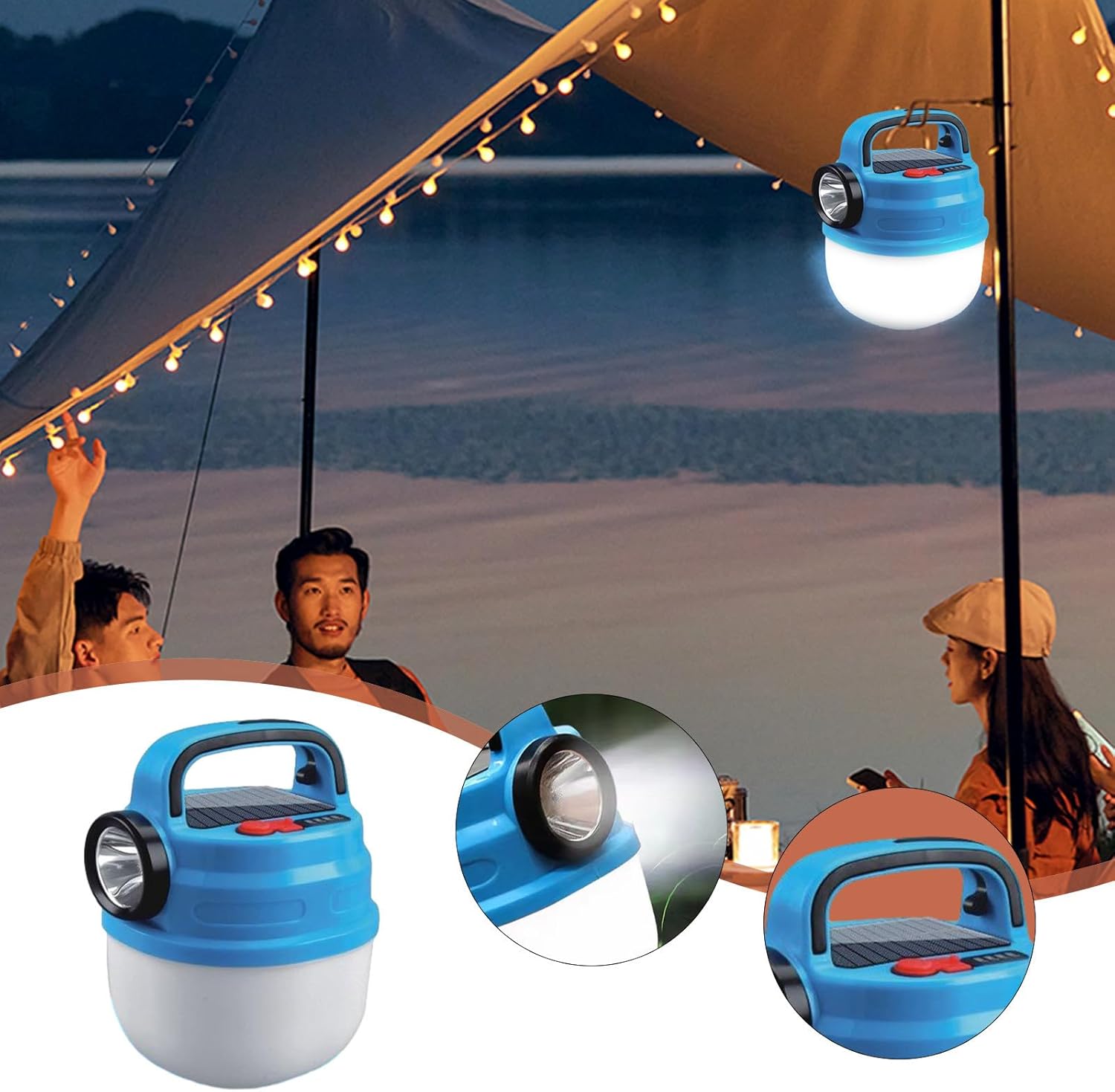 LED Camping Lantern, Rechargeable Solar Camping Lights with 6 Light Modes, 2024 New 1200mAh Flashlight Power Bank, Waterproof Tent Light, Camping Accessories for Outdoor Power Outage Emergency