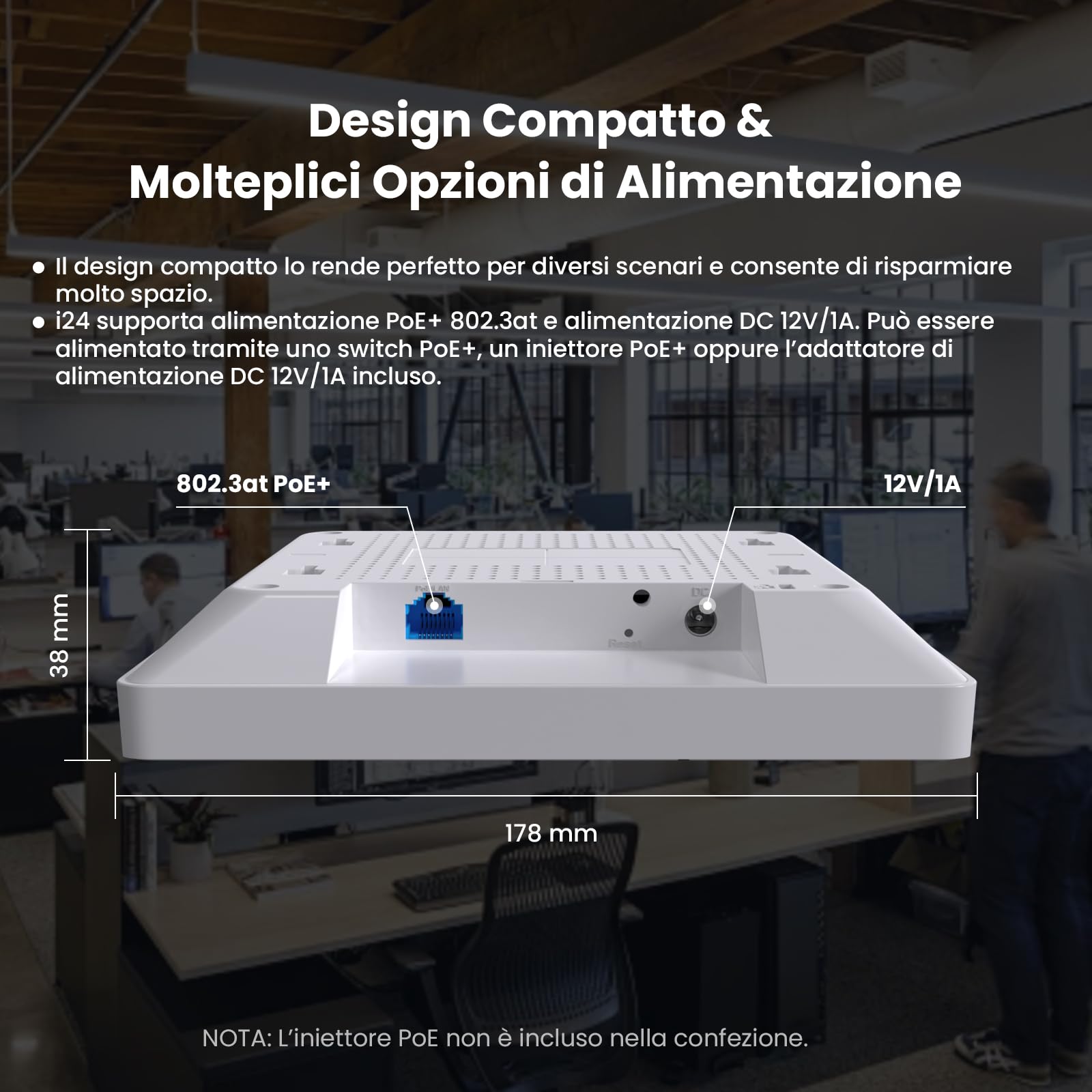 Tenda I24 AC1200 Wireless Access Point (802.11ac Dual Band, 1 Porta Gigabit, Gestibile tramite APP/Interfaccia Web, Alimentato tramite PoE+ 802.3at, Include Alimentatore) Bianco